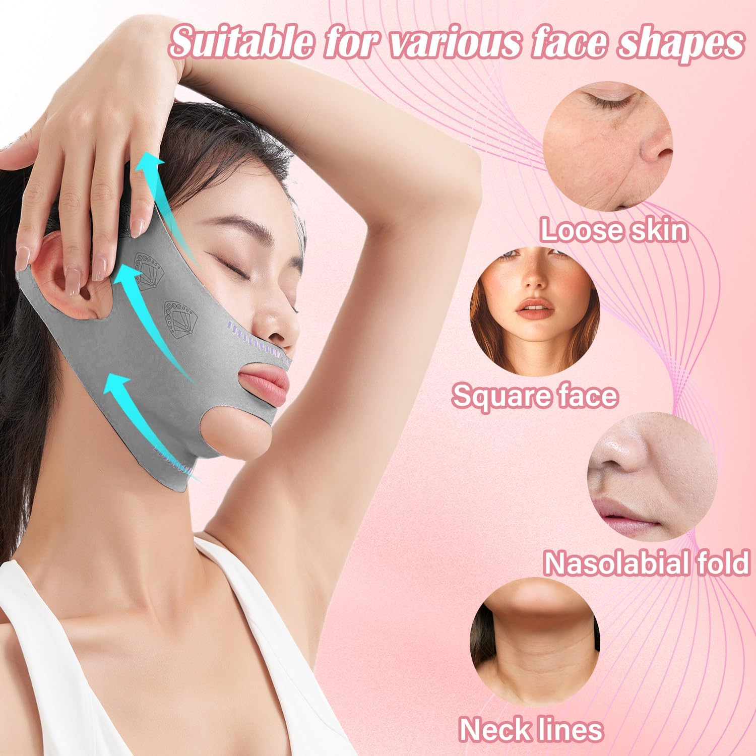 EKIND Reusable Chin Strap for Women Double Chin Reducer Face Lifting Mask Breathable Sleep Belt Elastic Tightening Facial Slimming Wrap (2 Pack, Grey) image number 2