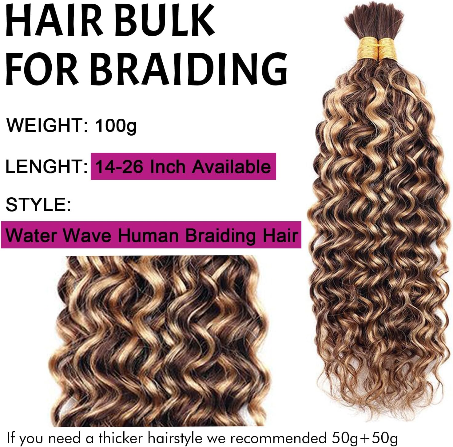 Daimer Ombre Human Braiding Hair 20 Inch Water Wave Bulk Human Hair for Braiding 2 Bundles/Pack 100 G Brazilian 100% Unprocessed Bilk Human Hair Honey Blonde Braiding Hair for Boho Braids (4/27) image number 5