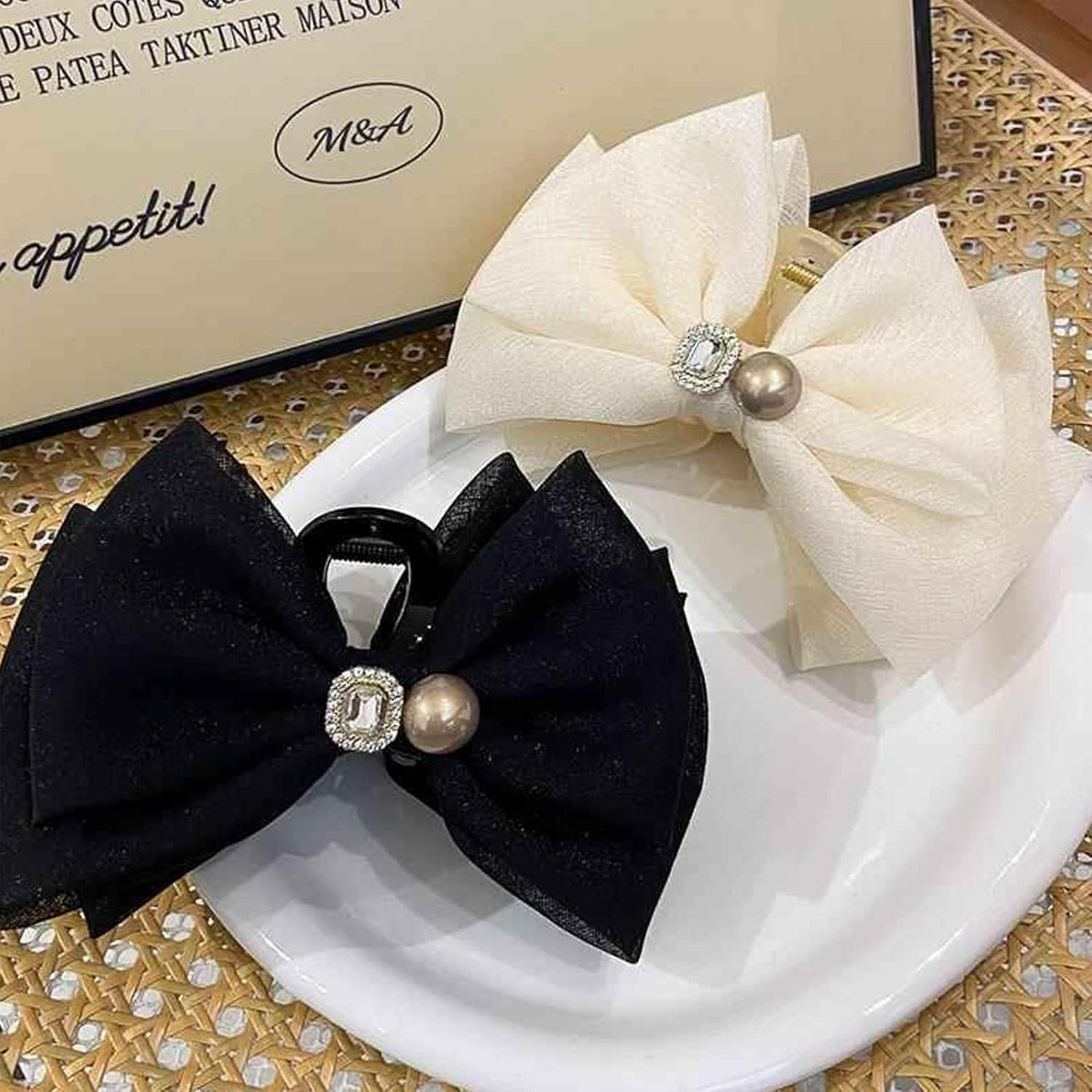 Tulle Bow Hair Clip with Rhinestones - Large Claw Hair Accessory for Thick Hair Ponytails, Chiffon Bow and Mesh Bowknot (Black) - White image number 4