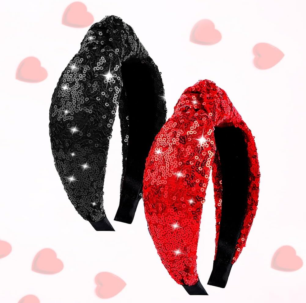 2Pcs Valentine&rsquo;S Day Headbands for Women Sparkle Red & Black Valentines Top Knot Embellished Headband Knotted Hairband Fashion Hair Hoops for Women Girls Valentine Party Gifts Hair Accessories image number 4