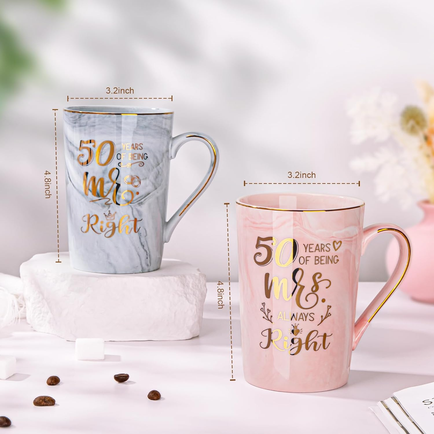 ALBISS 50Th Wedding Anniversary Coffee Mugs Set - 14Oz Golden 50Th Anniversary Cup Gifts for Couples, Parents, Grandparents, Grandpa, Grandma - 50Th Anniversary Decorations Mug in Pink and Grey, Boxed image number 5