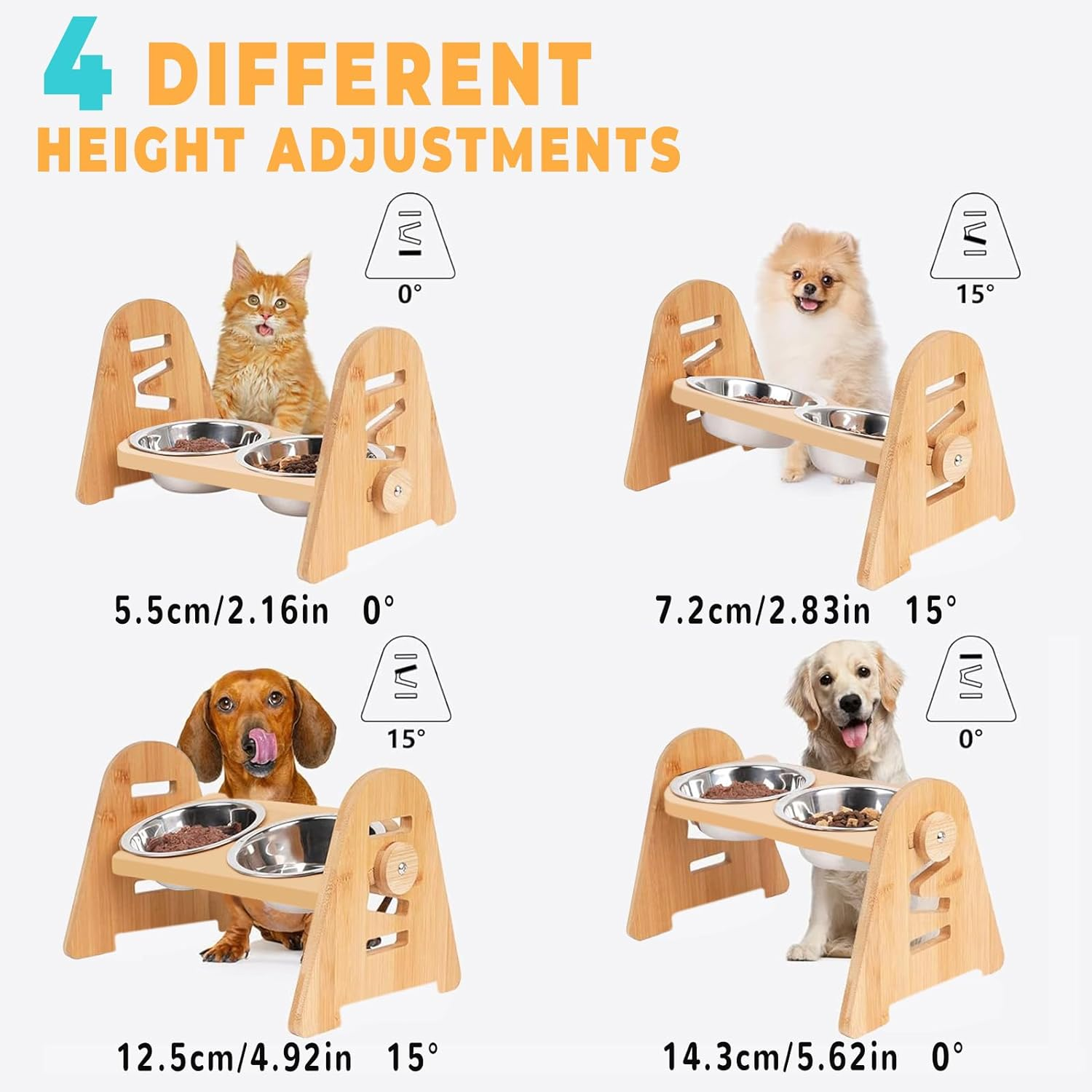 Silverchry Elevated Dog Feeder with Stand, Raised Cat Feeder 2 Stainless Steel Bowls, 4 Adjustable Heights, Bamboo Feeder for Cats, Puppies and Small Dogs image number 6