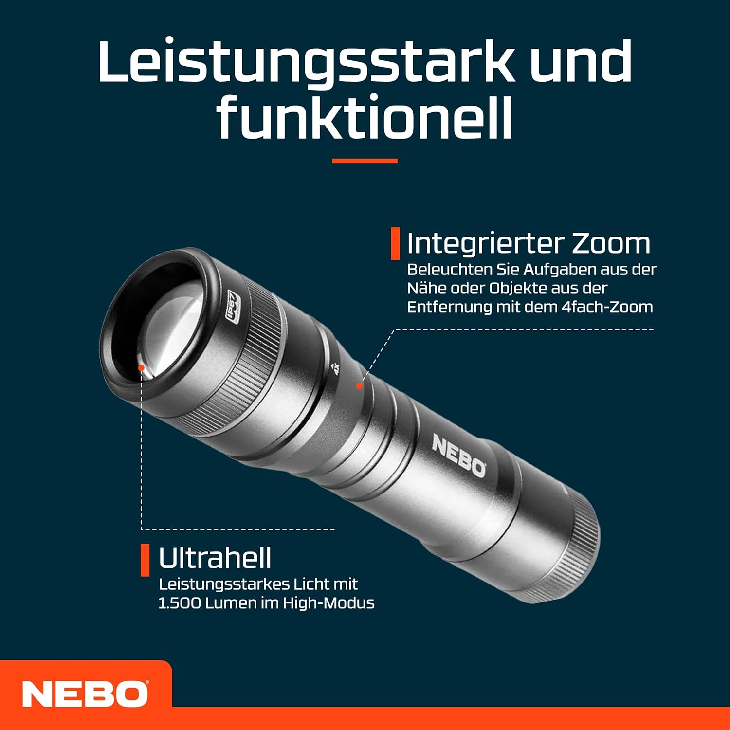 NEBO Newton 500 &ndash; 500 Lumen AAA Handheld Flashlight with 4&times; Zoom, 4 Modes, Magnetic Base, Rear Easy‑Touch Switch, IP67 Waterproof, Aircraft‑Grade Aluminium, Includes AAA Batteries