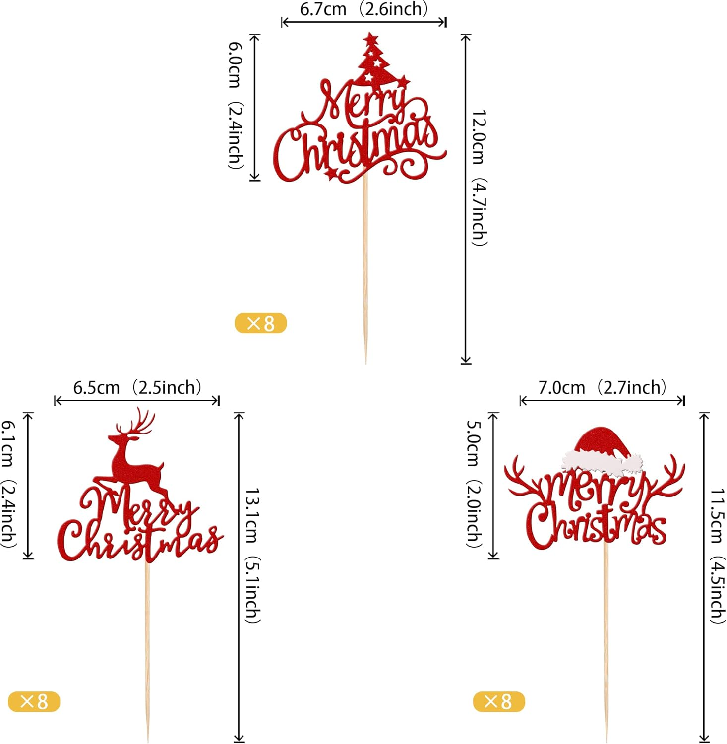 24 Pack Merry Christmas Cupcake Toppers Glitter Xmas Tree Santa Hat Deer Christmas Cupcake Picks Decoration for Winter Christmas Theme Xmas Holiday Birthday Party Supplies Red image number 1