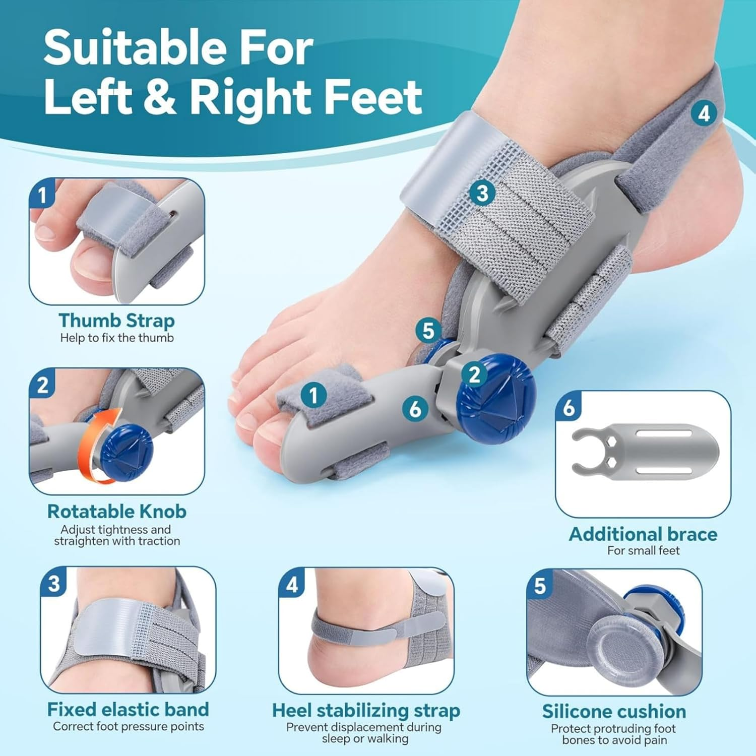 Bunion Corrector for Women & Men, Adjustable Bunion Corrector with Soft Gel Pad, Anti-Slip Toe Separators for Bunion Relief, Toe Straightener, Suitable for Left and Right Feet (Gray) - Gray image number 5