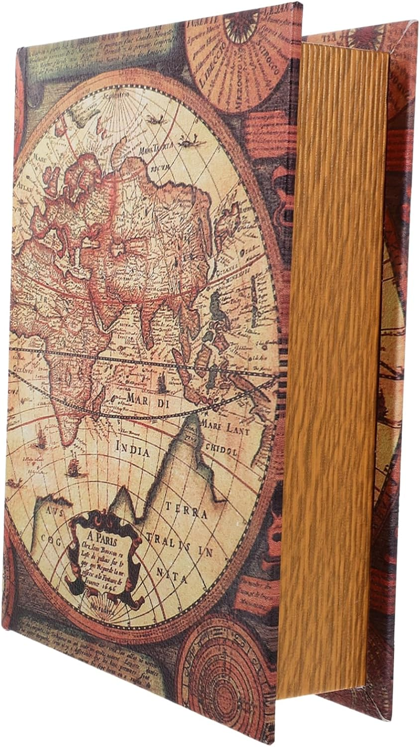 Vintage Rectangular Faux Book Box Medium Size Simulation Book Storage Box Antique Map Design Decorative Home Ornament Trinket Case image number 6