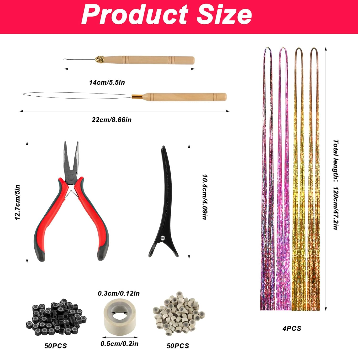 Tinsel Hair Tinsel, 90 Cm Hair Tinsel, 800 Strands Hair Strands for Braiding, Hair Extensions with Accessories, Hair Glitter Strands, Hair Nanoring Extensions, Micro Ring Extensions Accessories image number 1