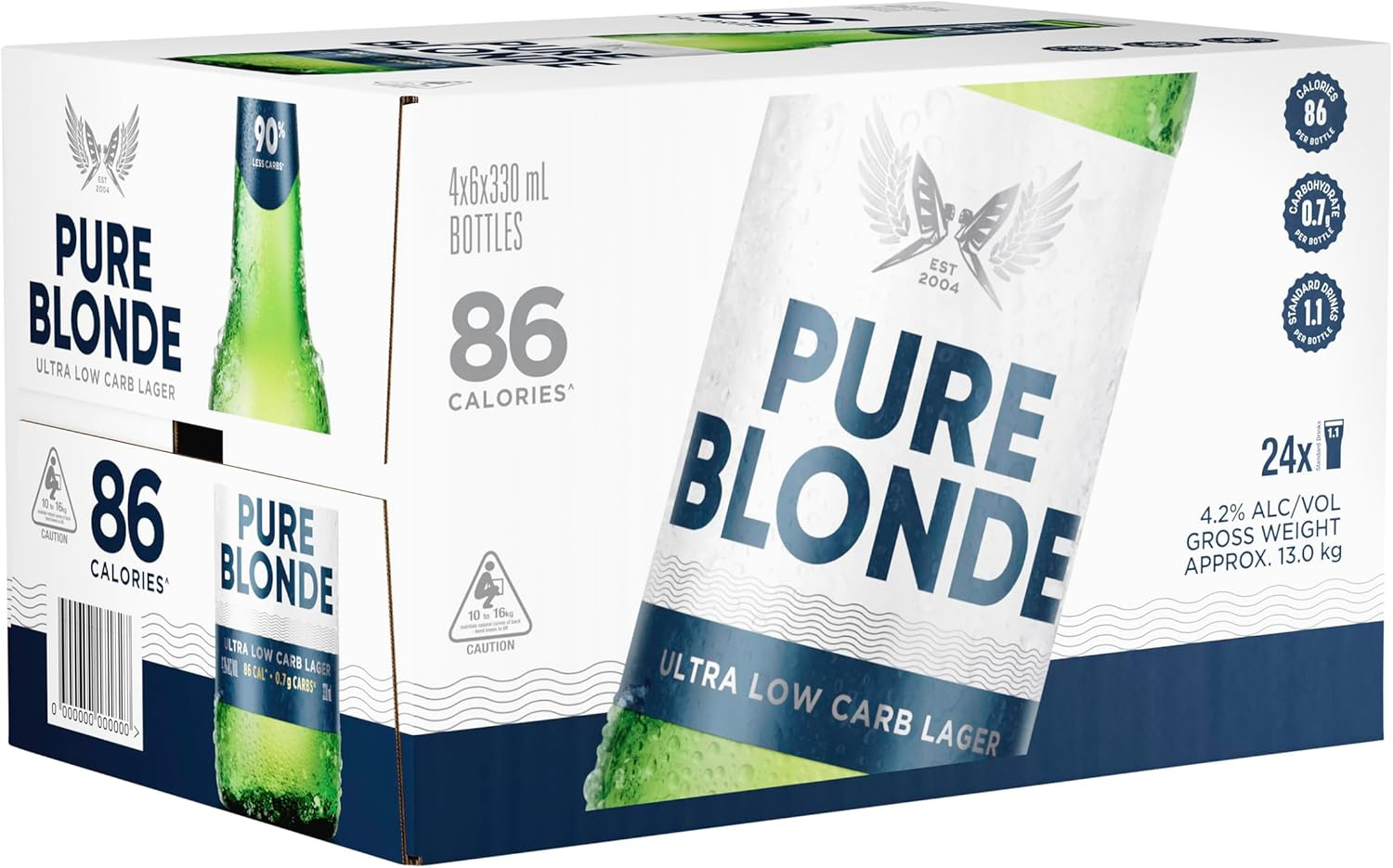 Pure Blonde Ultra Low Carb Lager, Light & Refreshing Finish, 4.2% ABV, 330Ml (Case of 24 Bottles)