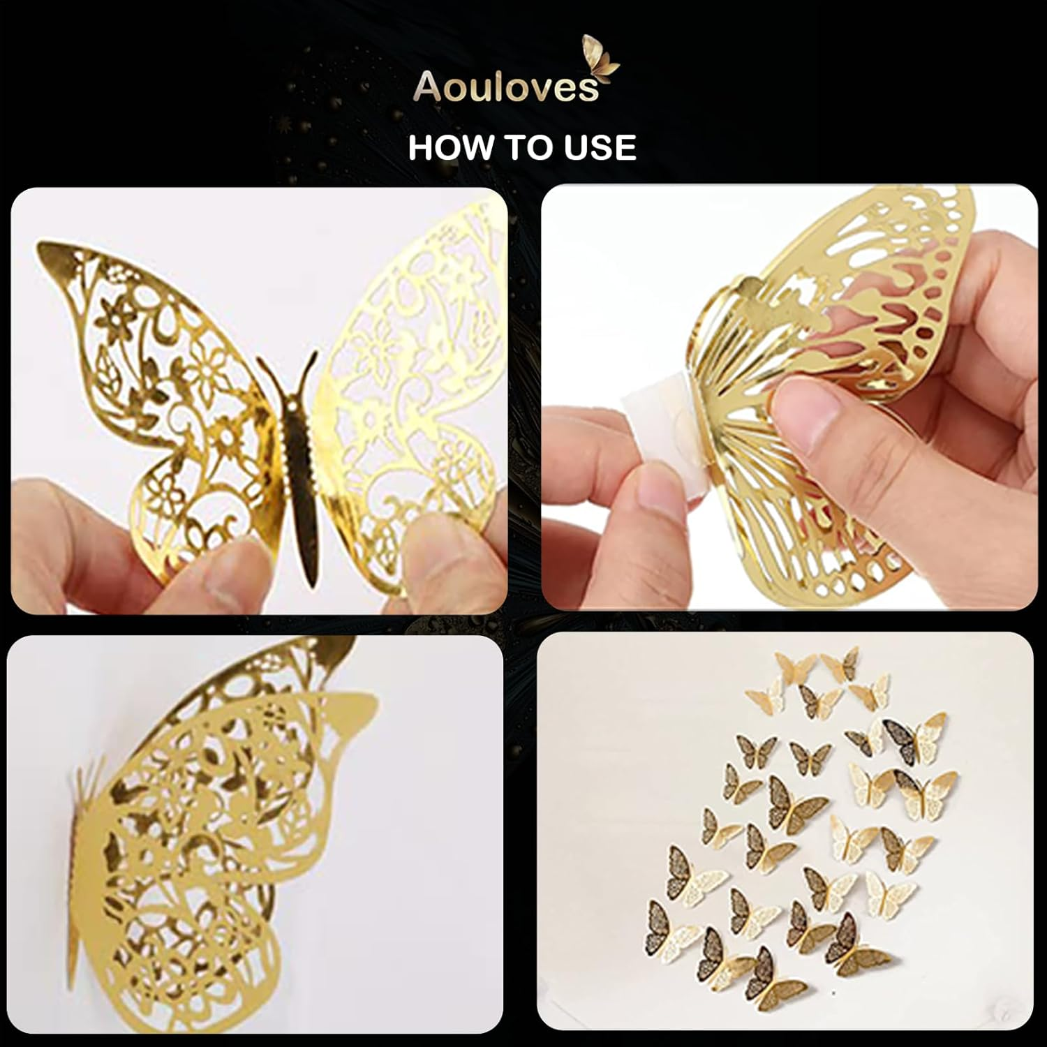 72Pcs 3D Butterfly Wall Decor Stickers, Gold Butterfly Decorations 3 Styles,Butterfly Decorations Butterfly Party Cake Decorations 3D Butterfly Stickers Decals for Girls Kids Baby Bedroom (Gold) image number 4