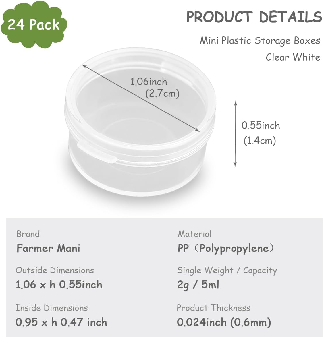 Farmer Mani 24 Pack 0.17 Oz round Plastic Containers (1.06 X H0.55 Inch) Clear Bead Storage Containers for Fishing Tackle with Label Stickers, Craft, Beads, Jewelry, Small Parts image number 6