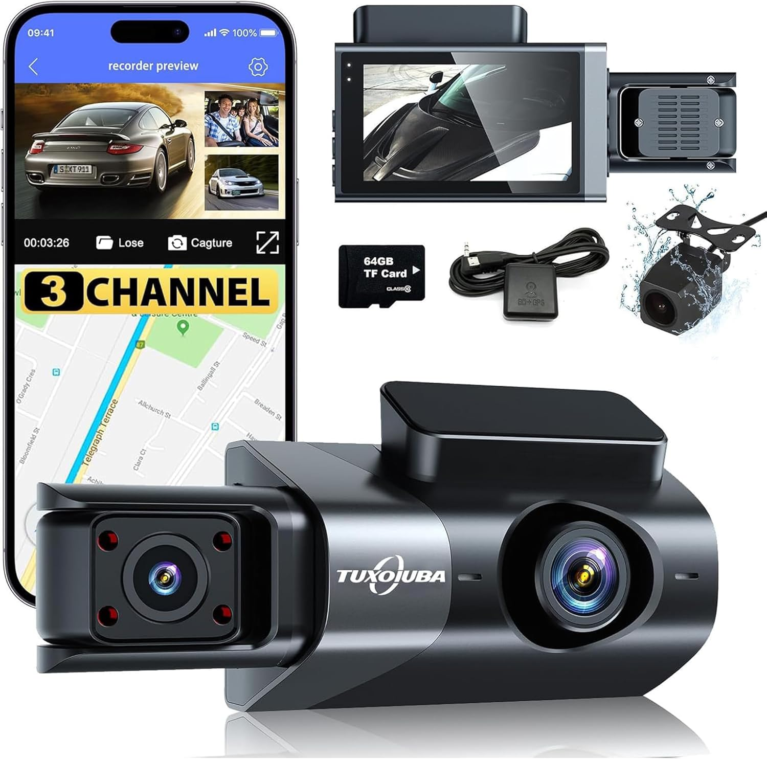 A6 Triple Lens Dash Camera - 2K Front, 1080P inside & Rear, Built-In GPS & Wifi, Night Vision, 3" LCD Screen Dash Camera for Cars with App ﻿ image number 6