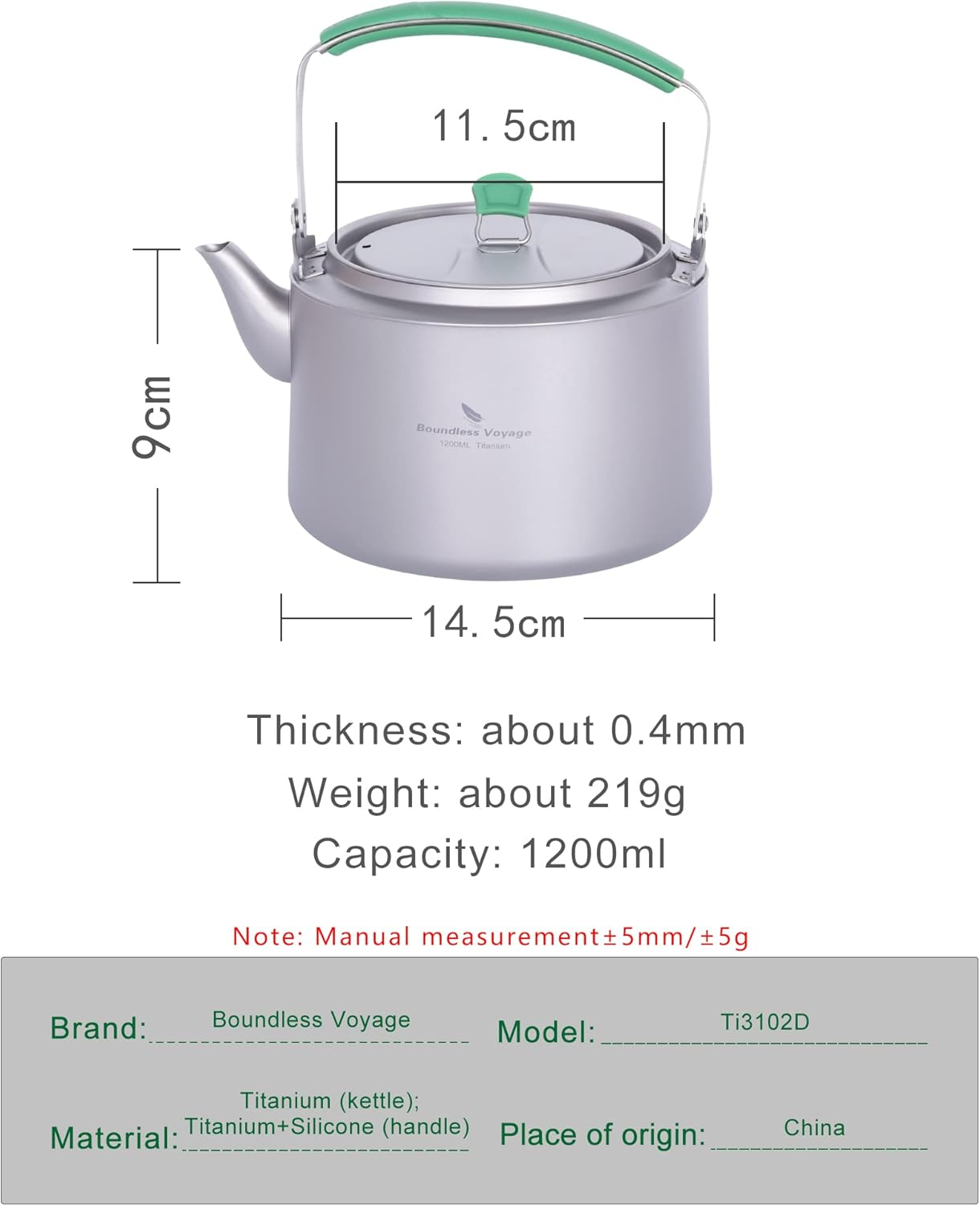 Boundless Voyage Titanium Kettle 800Ml/1200Ml with Folding Handle Filter Outdoor Camping Big Capacity Teapot - 800Ml image number 3