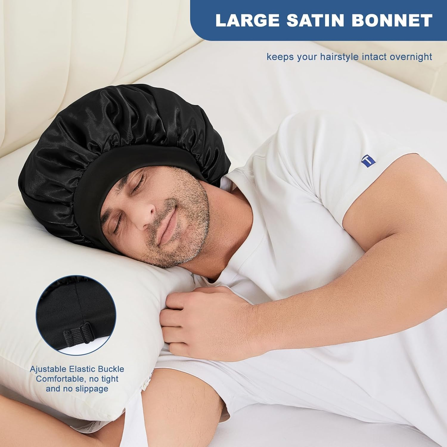 Bonnet for Men, Double Layer Hair Bonnet for Sleeping Adjustable Silk Satin Sleep Bonnet with Elastic Band image number 4