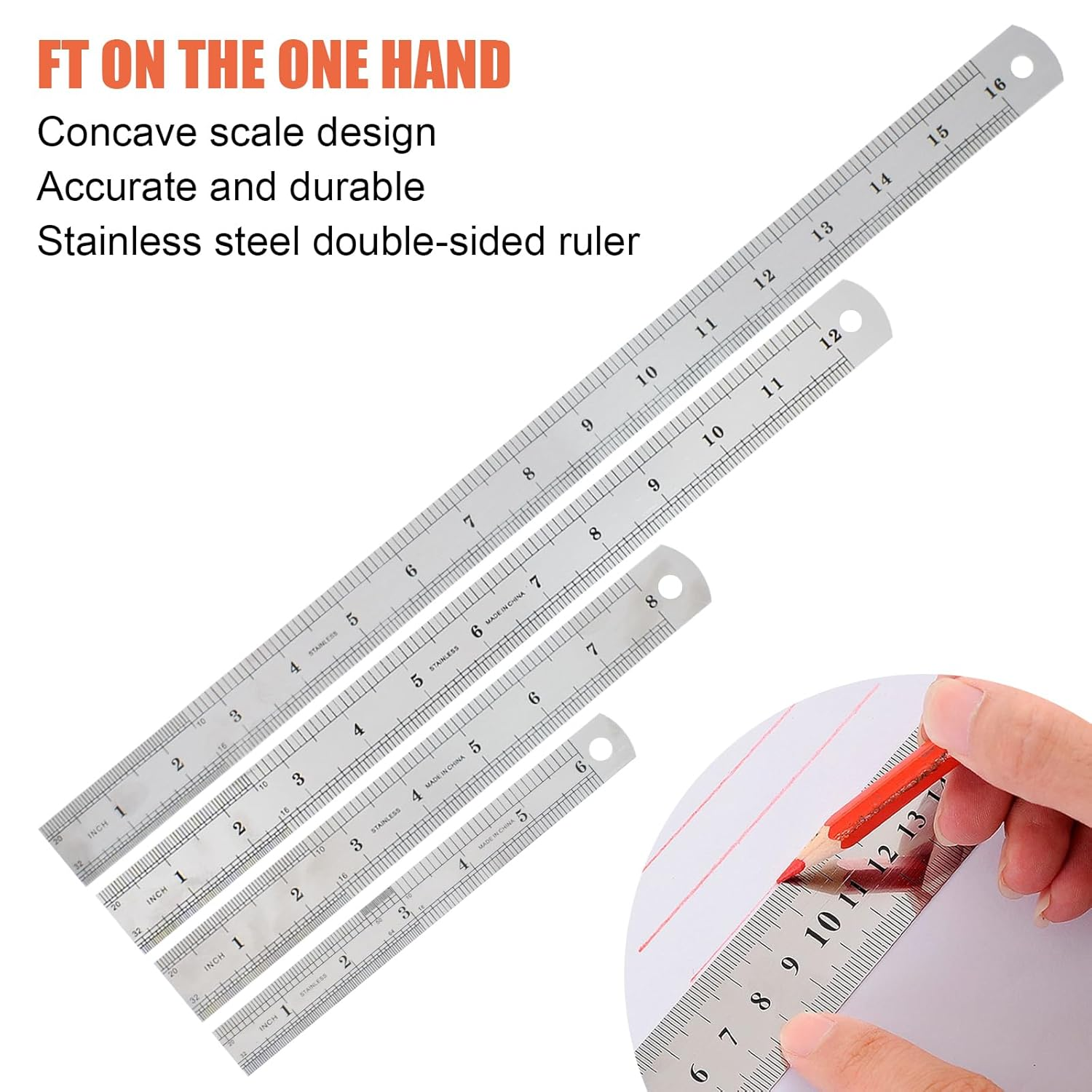 Stainless Steel Ruler, Metal Ruler Set of 4 15Cm 20Cm 30Cm 40Cm with Double Scale Edge, Measuring Tool Metal Steel Ruler, for Home School Office Daily Use, with Inch and Metric Graduation image number 2