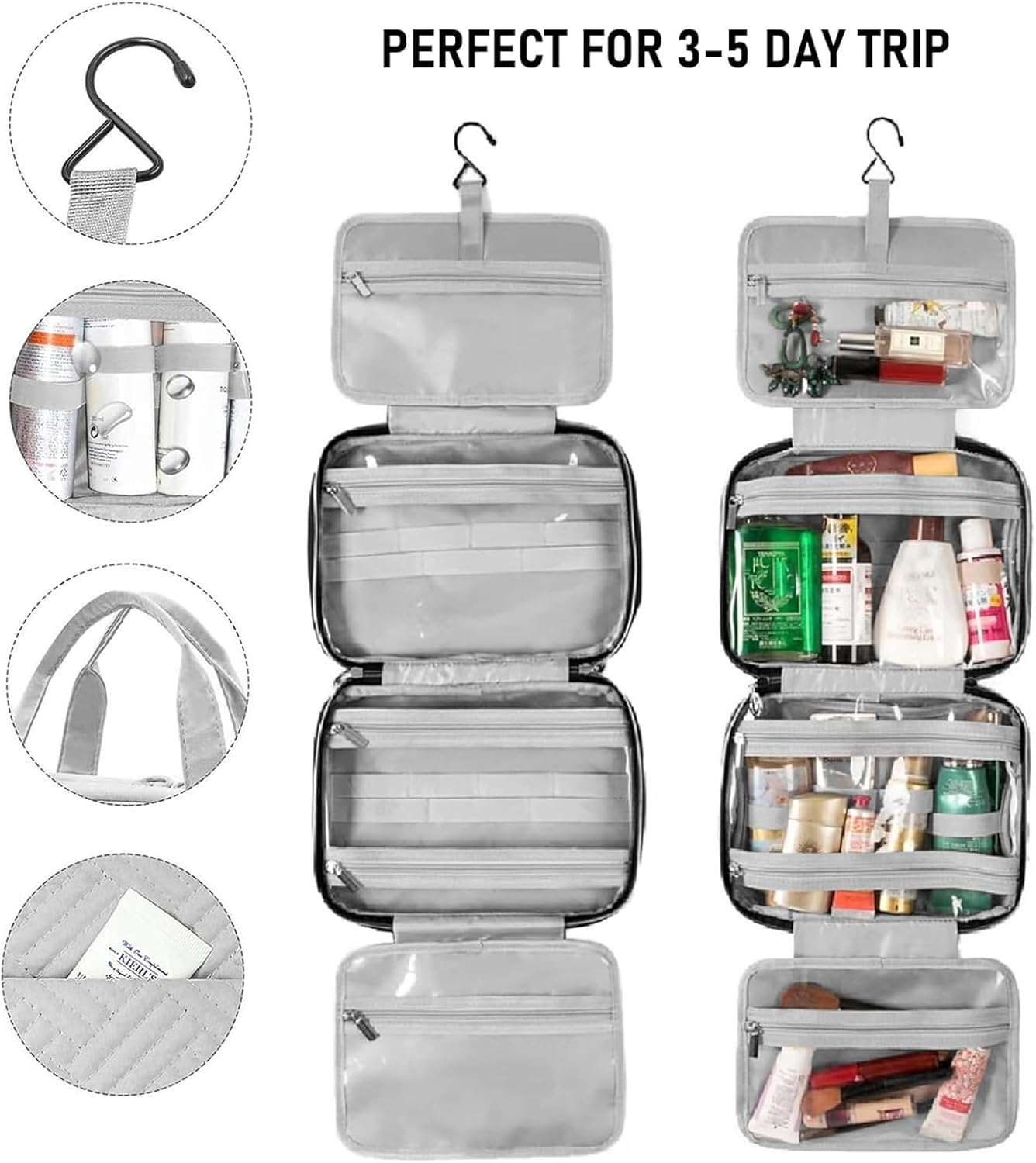 Hanging Travel Toiletry Bag for Women & Men, 4-Fold Waterproof Travel Makeup Bag with PVC Compartments, Large Capacity Cosmetic Wash Bag for Vacation Business Travel (Grey) image number 6