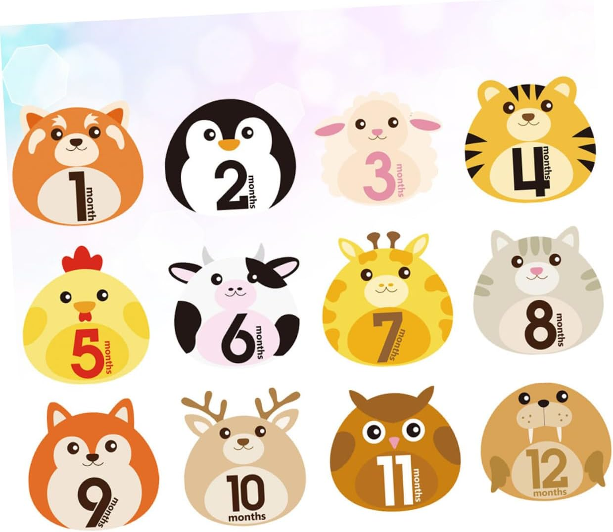 Bestonzon 12 Sheets Monthly Milestone Stickers Self-Adhesive Animal Design Decals for Newborn Belly Photo Props Reusable Growth Tracking image number 3