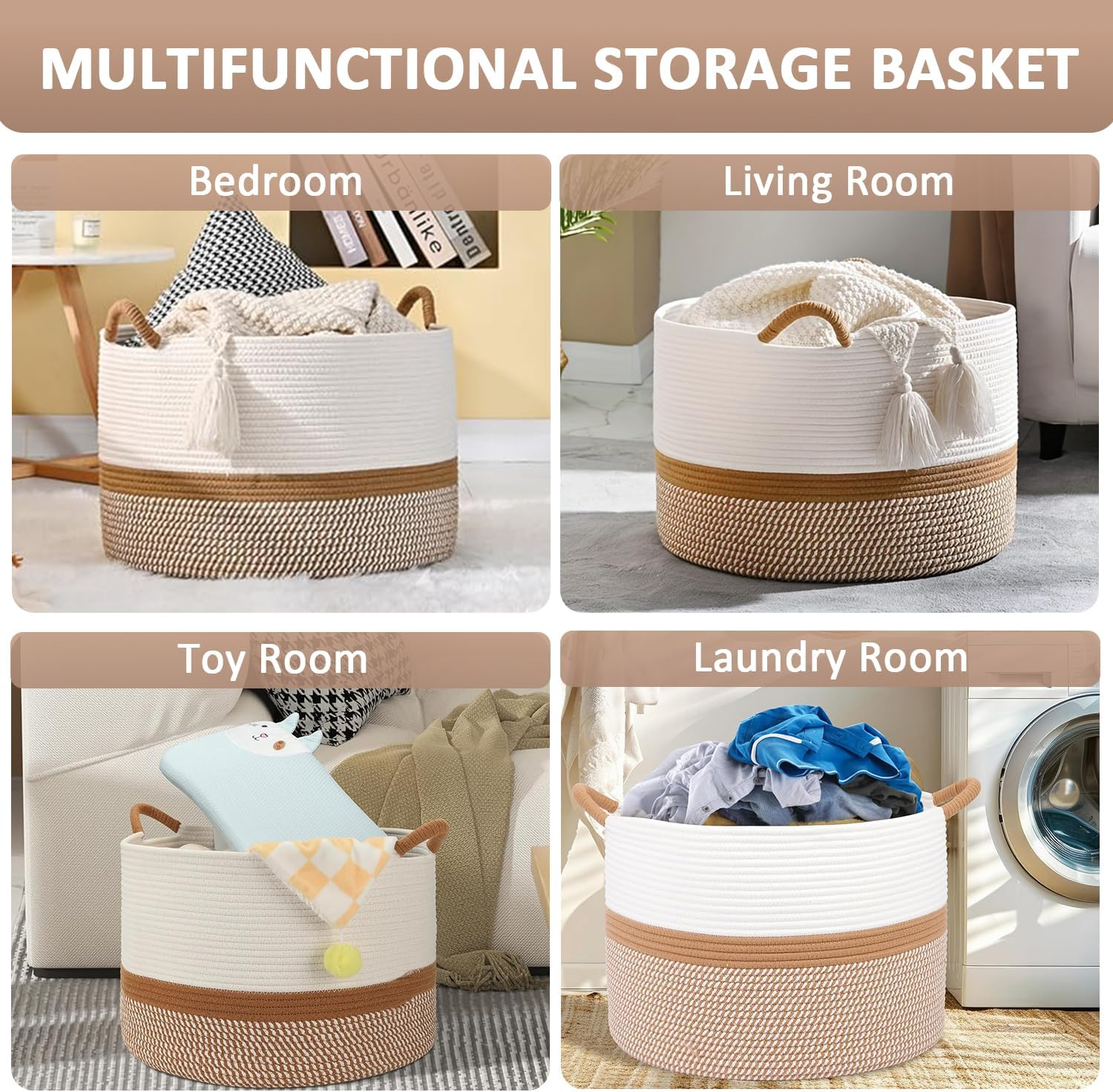 OWNKING Large Capacity Storage Baskets, Laundry Basket, Tall Woven Cotton Collapsible Laundry Hamper, Decorative Versatile Blanket Basket for Clothes, Blankets, Toys Storage & Organization, 20X20X13In image number 4