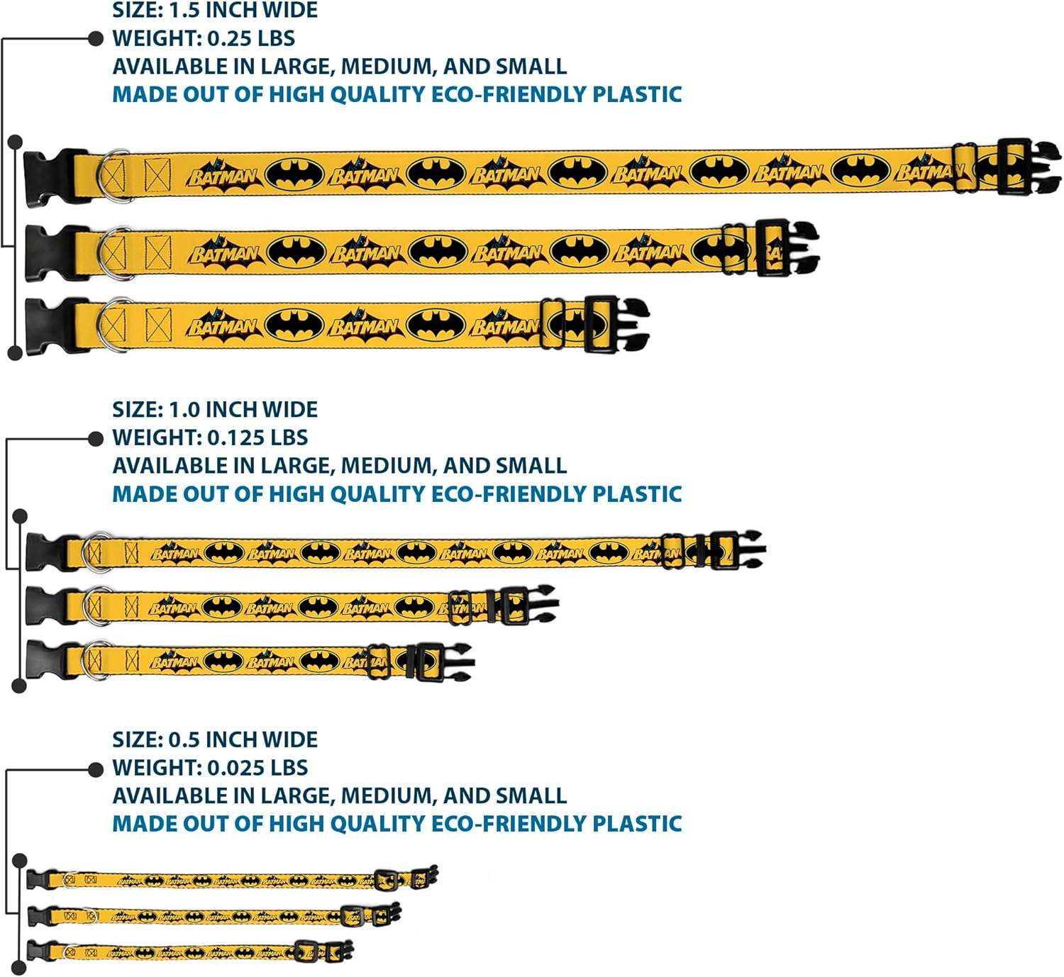Buckle-Down Plastic Clip Dog Collar, Vintage Batman Logo and Bat Signal-3 Yellow/Black, 18 to 32 Neck Size X 1.5 Inch Width