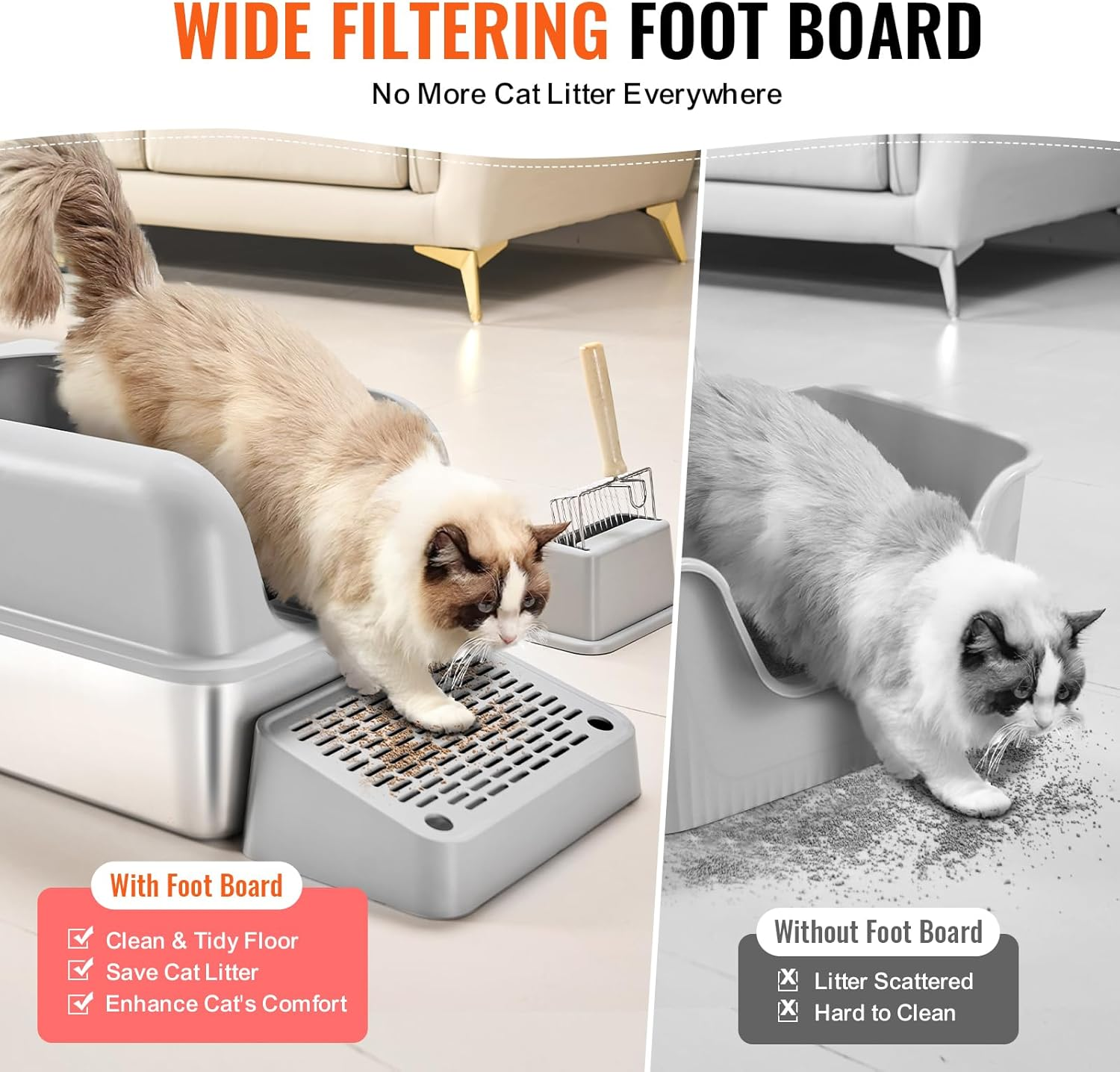 VEVOR Cat Litter Box, 152 Mm Deep, XL Extra Large Stainless Steel Cat Litter Box with Scoop, Wide Filtering Foot Board & High Sides, Enclosed Odor-Free Easy-To-Clean Litter Box, Fit for Big Cats image number 3