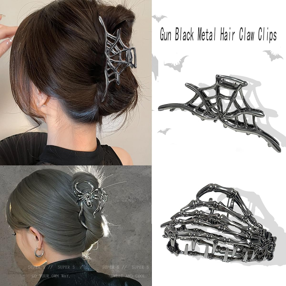 Pack of 3 Metal Hair Clips, Spider Hair Clips, Skull Claw Hair Clip, Non-Slip Claw Clip, Gothic Hair Clips, for Women, Girls, Halloween Hair Styling Accessories (D)