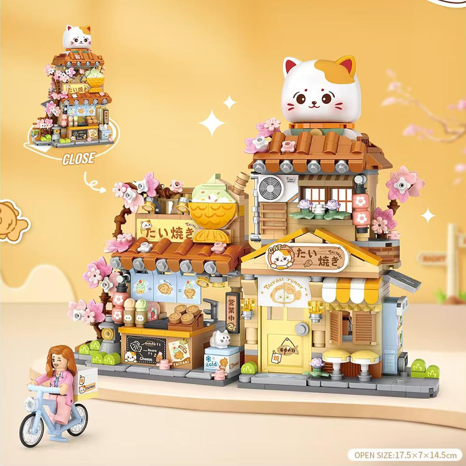 Mini Street Building Set &ndash; Taiyaki Dessert Shop Micro Bricks Japanese Architecture Kit for Adults Teens, Sakura Shop Diorama Toy for Collectors & Cat Lovers image number 2