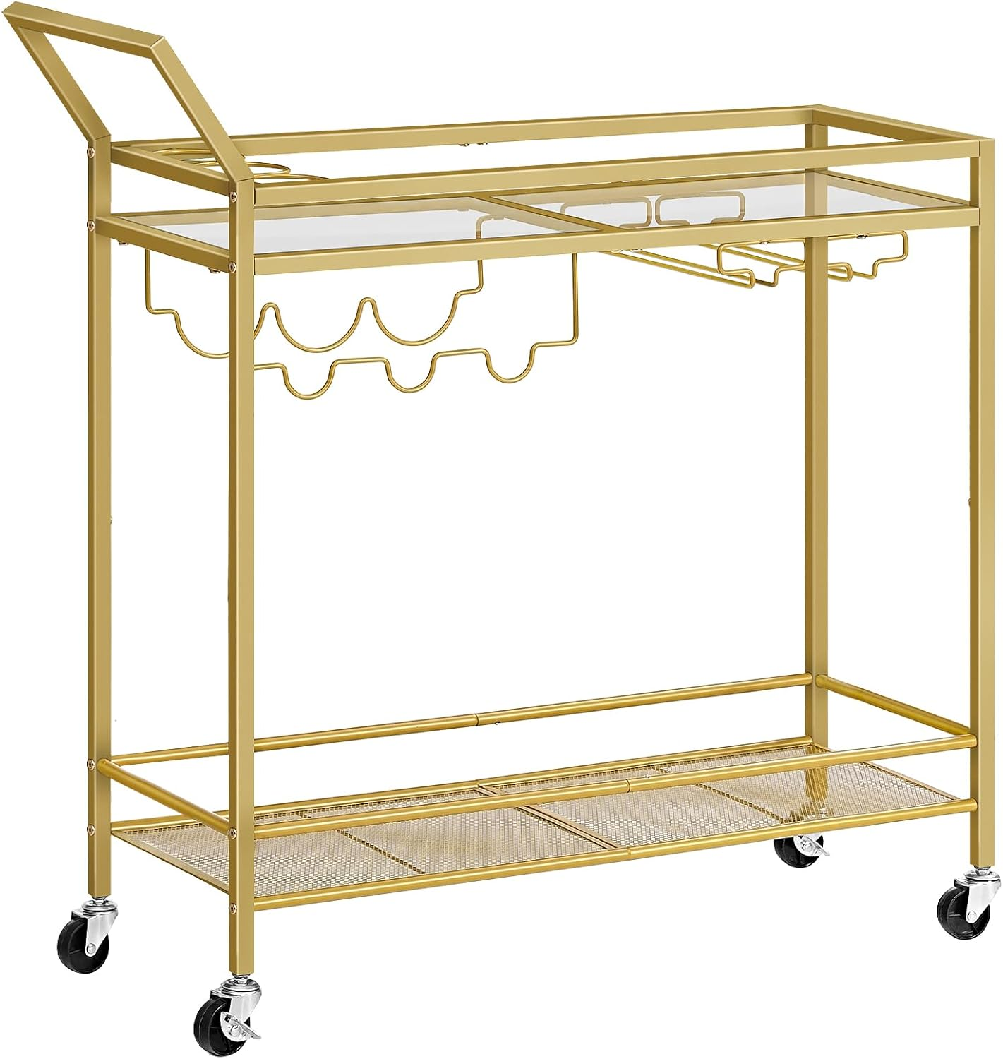 HOOBRO Bar Cart for the Home, 2-Tier Kitchen Cart with Wine Rack and Glass Holder, Serving Cart with Wheels and Guard Rails for Dining Room, Living Room, Party, Bar, Gold GD11TC01 image number 5