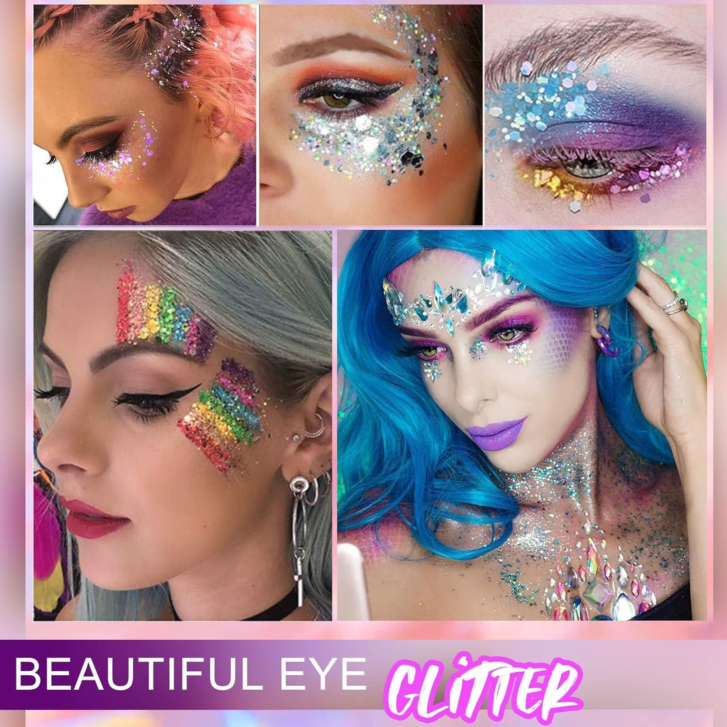 Roczential 12 Colors Mermaid Face Glitter Gel, Face and Body Glitter Gel, Sequins Glitter Face Paint, Hair Glitter Gel, Glitter Gel Makeup for Lip, Hair, Eyes, Chunky Glitter for Festivals, Parties image number 1