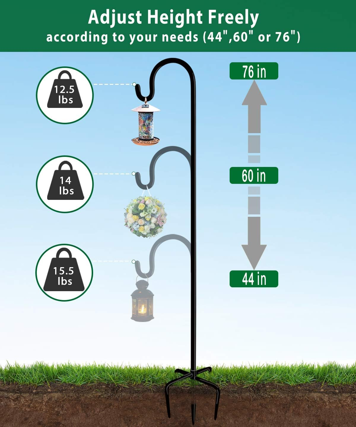 Artibear Adjustable Outdoor Shepherd Hook Stand with 5 Prong Base, 76 Inches Tall 3/5 in Thick, Shiny Black (1 Packs) image number 4