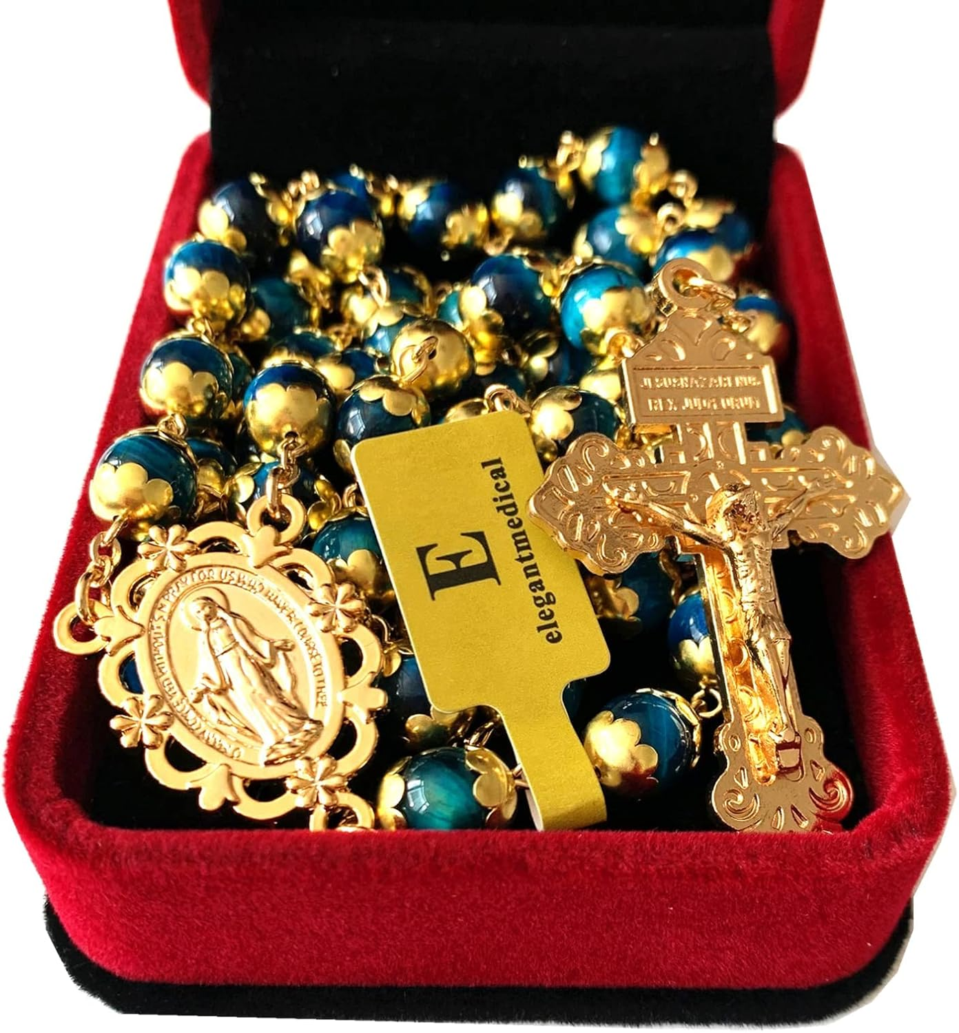 Elegantmedical HANDMADE Tiger Eye Prayer Beads Catholic Rosary Necklace Gift Box Italy Crucifix Gold - Green image number 5