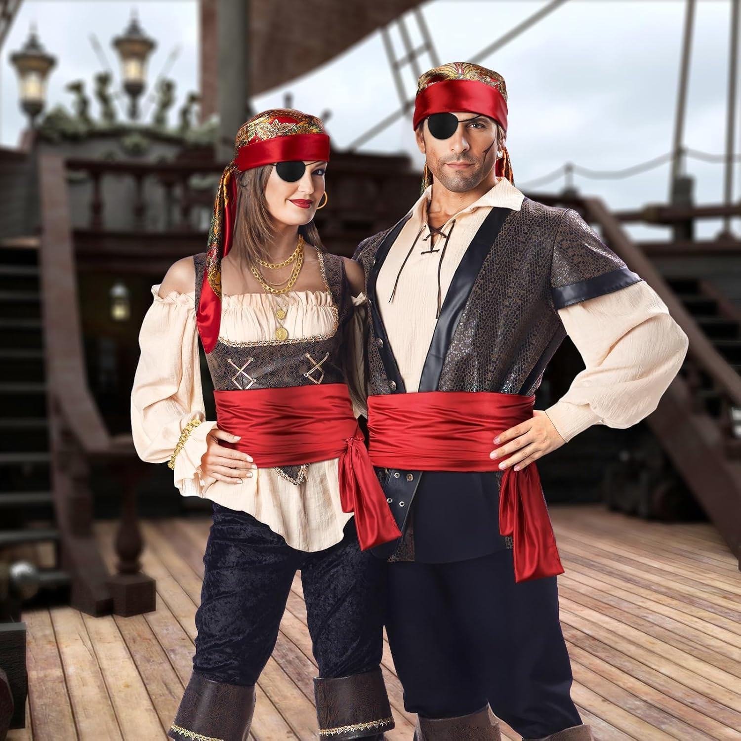 Pirate Costume Accessories Set for Women Men Captain Pirate Hat, Bandana Head Scarf, Sash, Belt, Dress Accessories image number 6