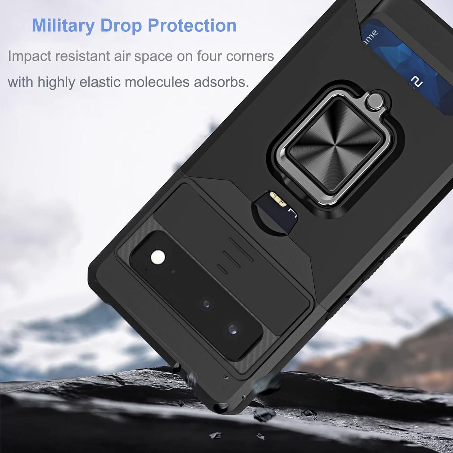 For Google Pixel 6A Case with [Card Holder[ and [Slide Camera Cover] and [360&deg; Rotate Ring Kickstand] Heavy Duty Protective Phone Cover Case for Pixel 6A 5G 6.1"-Black