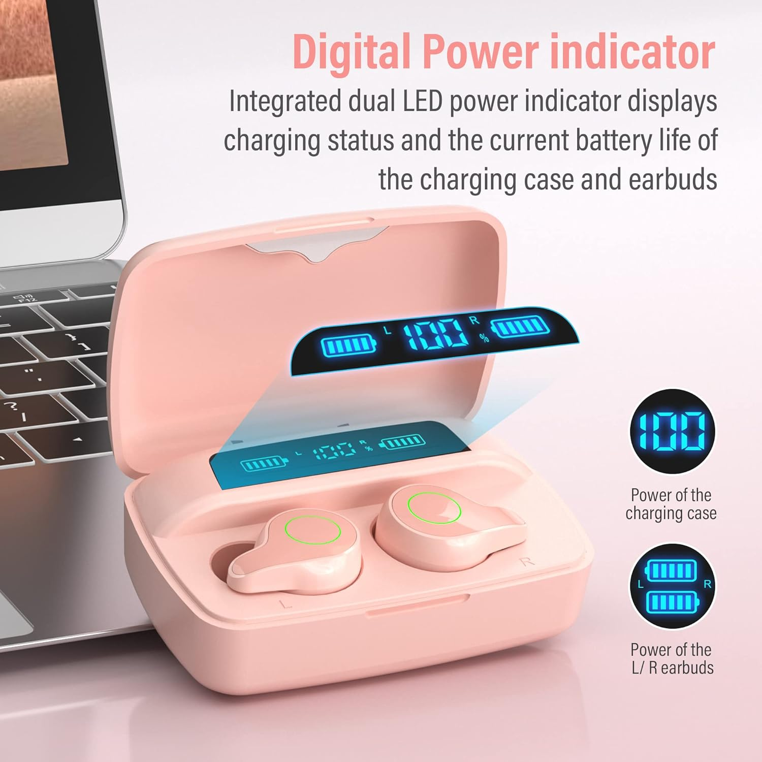 Esiposs Wireless Bluetooth 5.0 In-Ear Headphones with Microphone 156H Playtime with USB-C LCD Charging Case, Wireless Stereo Sound IPX7 Waterproof Earphones for Iphone Samsung Android