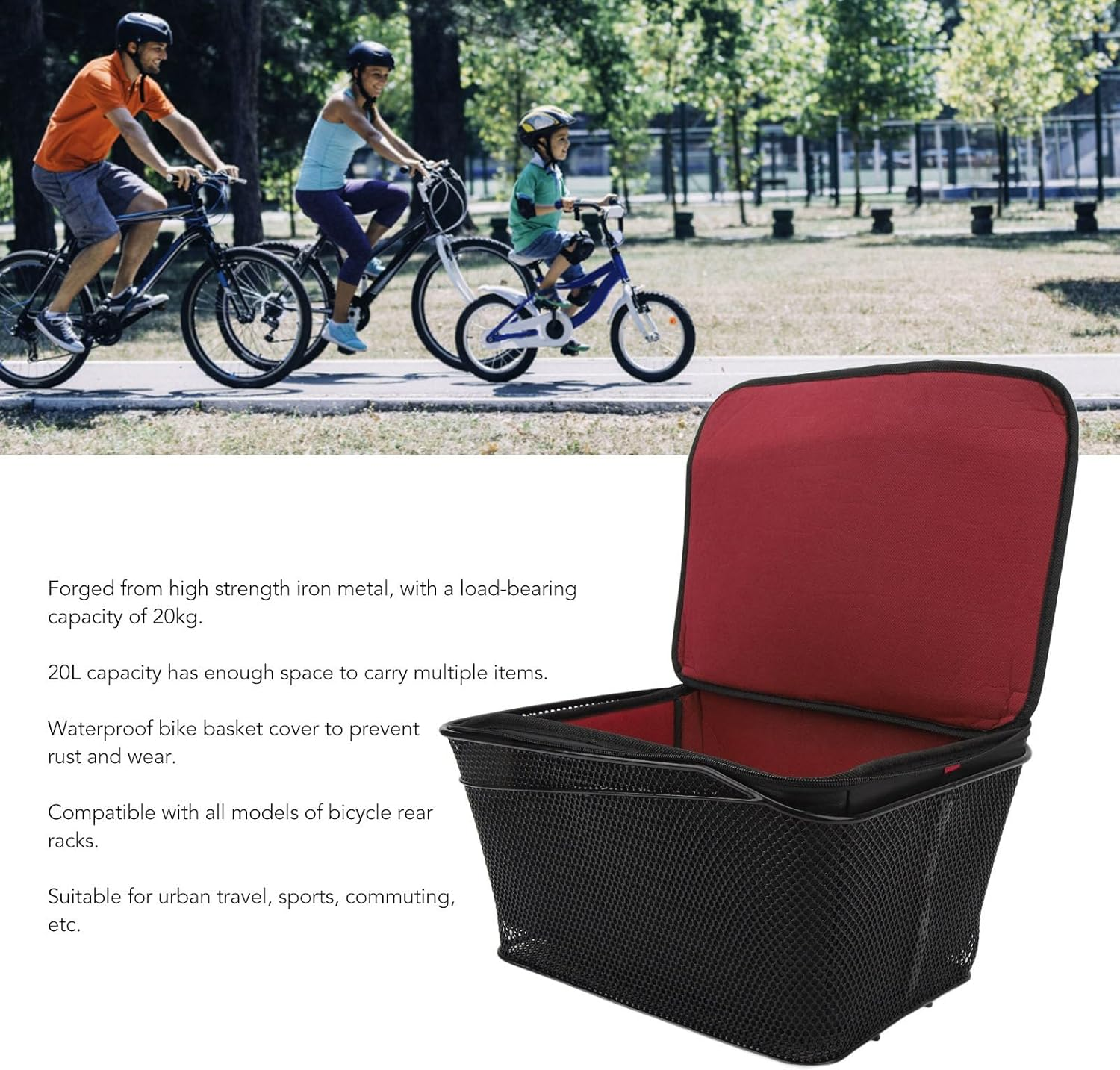 Rear Bike Basket, 20L Large Capacity Bicycle Cargo Rack Storage Basket, Waterproof Metal Wire Bicycle Basket with Lining, Easy Installation with Screw Nut for Most Rear Bike Racks image number 4