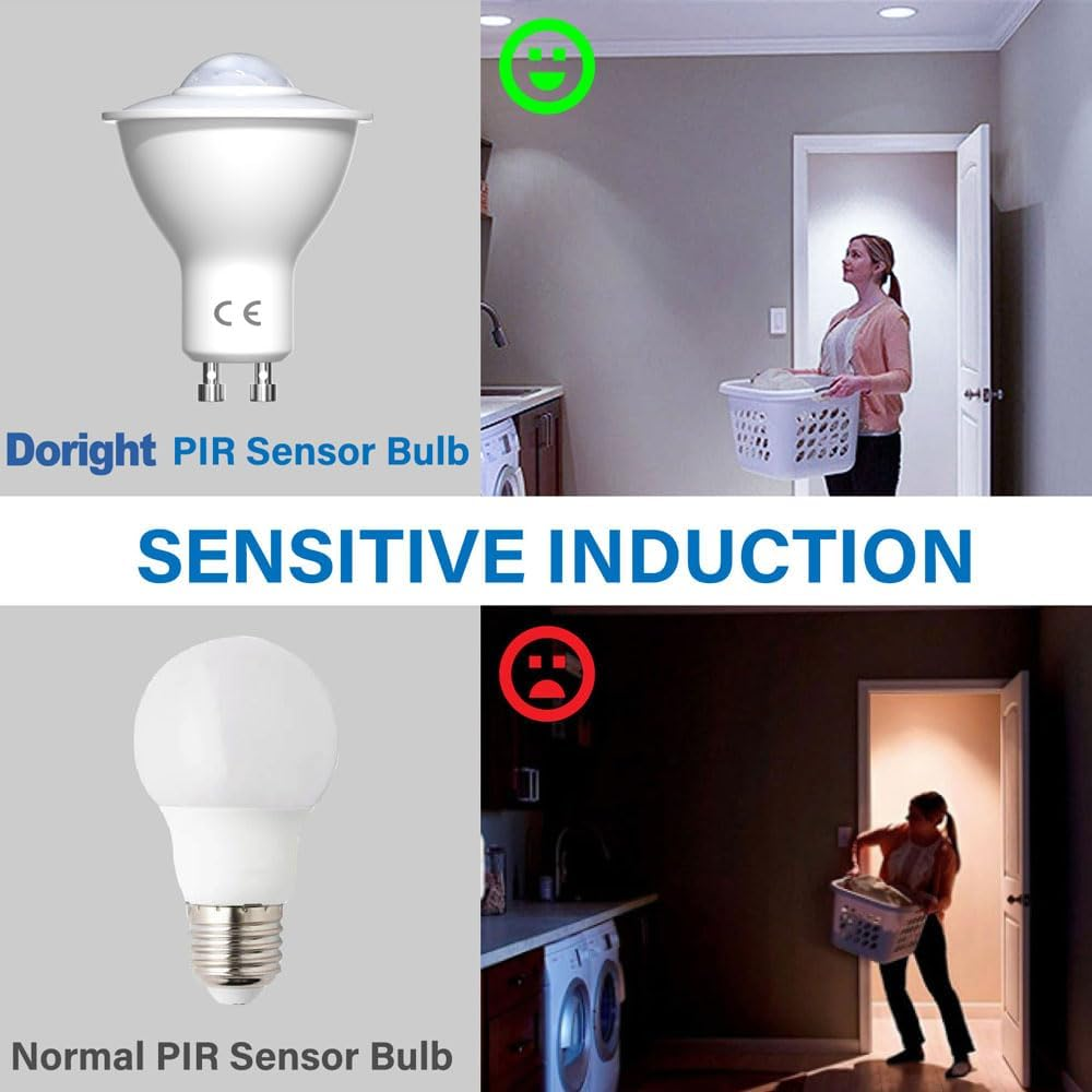 Doright LED Motion Sensor Light Bulbs GU10 PIR Security Detection Spotlight 5W Cool White 6000K 500Lm Auto On/Off LED Security Light Bulb for Stairs, Garage, Corridor, Walkway, Yard, Hallway