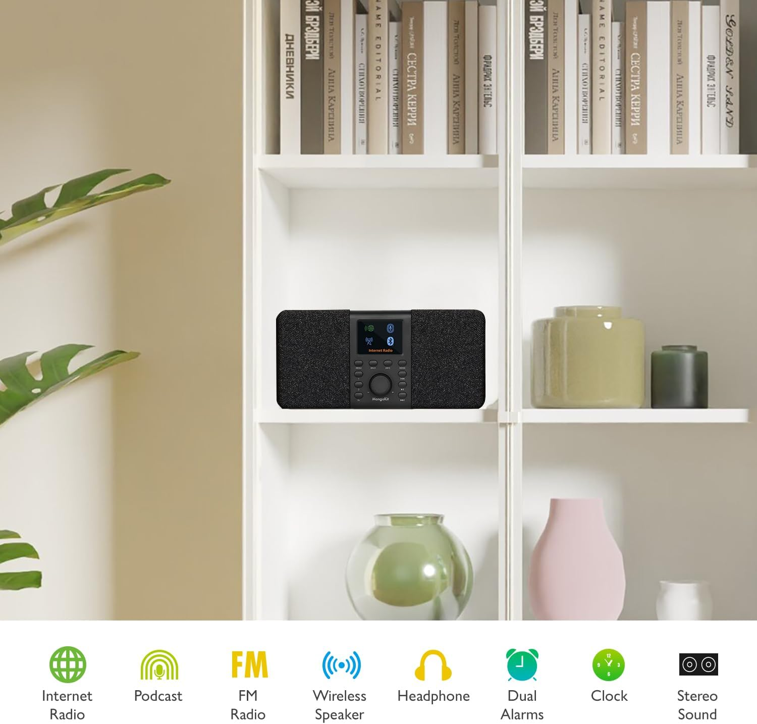 SR20 Smart Internet Radio with Wifi,Podcast Player, Bluetooth Speaker,Portable FM Radio,Mains and Battery Powered Radio,Stereo Sound,Color Display,Dual Alarms, Presets,App Control-Black image number 6