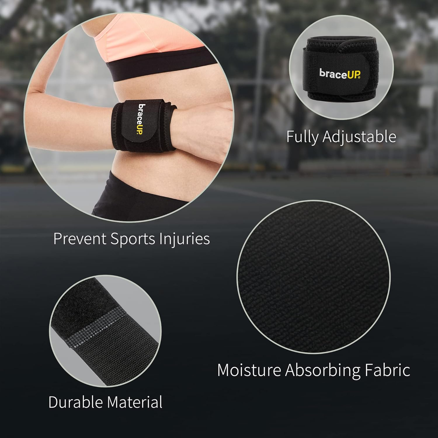 Braceup Wrist Compression Strap - Wrists Wrap, Wrist Band, Brace for Tendonitis, Tennis, Gym, Workout, One Size Adjustable (Black), 1 PC image number 5