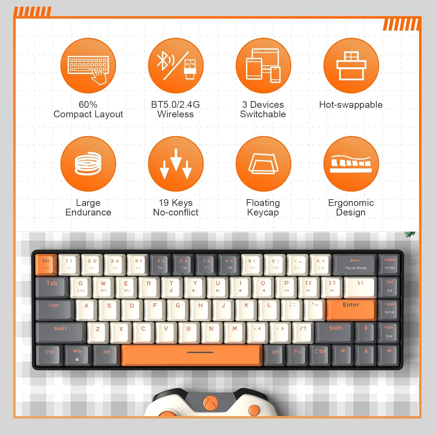 YINDIAO K68% 60% Wireless Mechanical Gaming Keyboard,Bluetooth 5.0/2.4Ghz Compact 68 Keys Mini Keyboard,With Dual Mode Receiver,Hot-Swappable,Ultra Power Saving,Red Switch (Twilight)