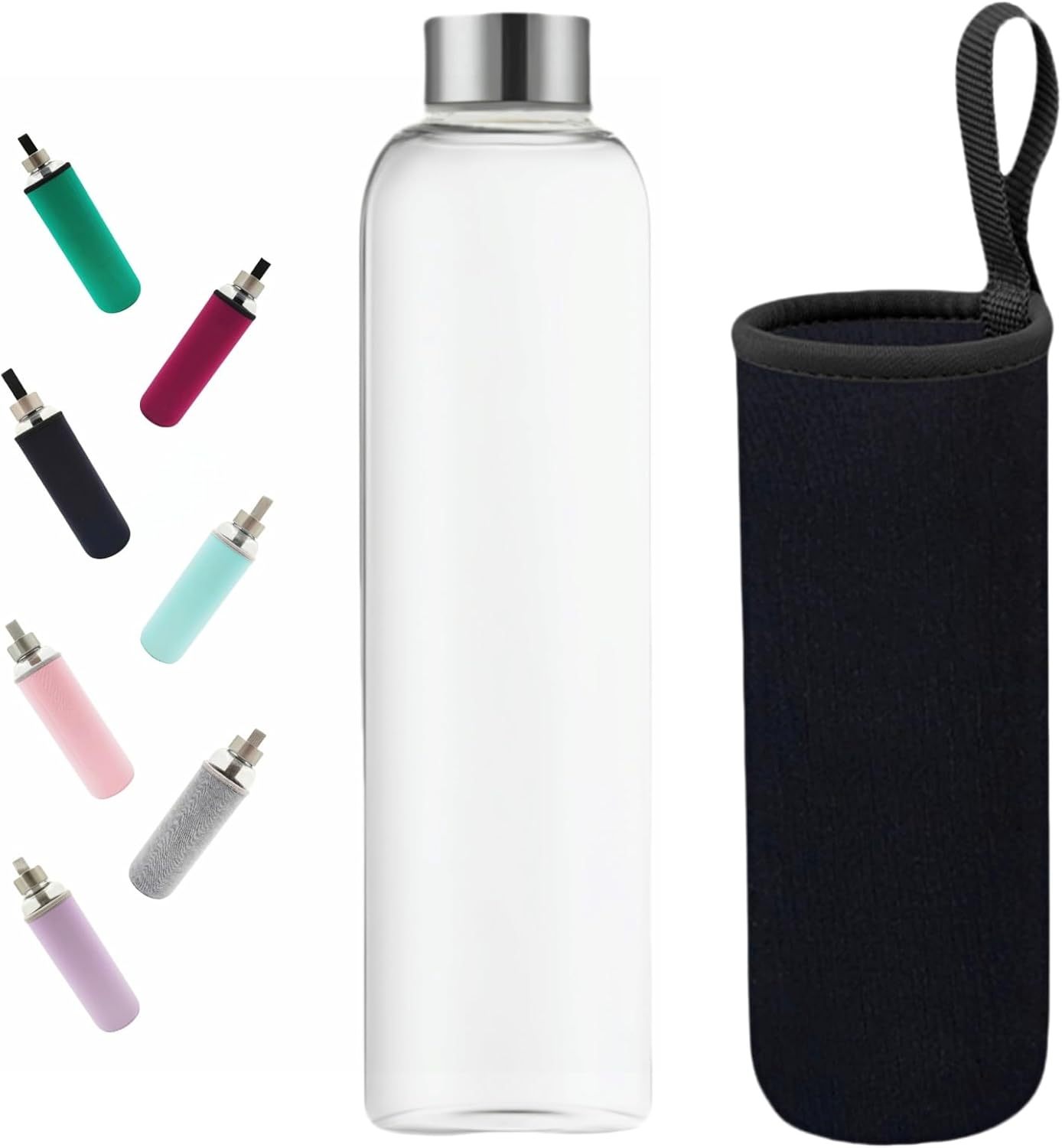 HENGFEI 550Ml Borosilicate Clear Glass Water Bottle with Stainless Steel Lid, Narrow Mouth (Black Sleeve)