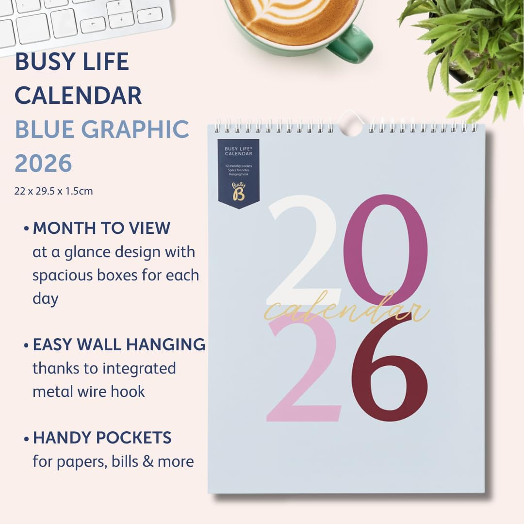 Busy B 2026 Busy Life Wall Calendar - Jan to Dec - Blue Graphic 2026 Calendar - with Month to View, 12 Monthly Storage Pockets, Space for Notes, to Do'S & Hanging Hook image number 2