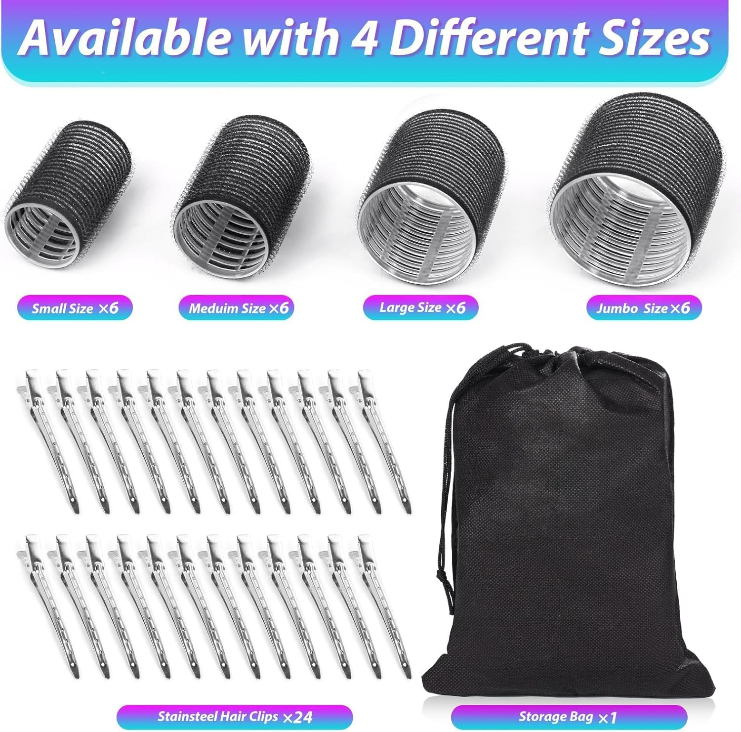 Curlers 48 Pcs Set with 24Pcs 4 Sizes (6 Jumbo/6 Large/6 Medium Rollers/6 Small Rollers) and 24 Pcs Clips for Long Medium Short Hair (Black) image number 1