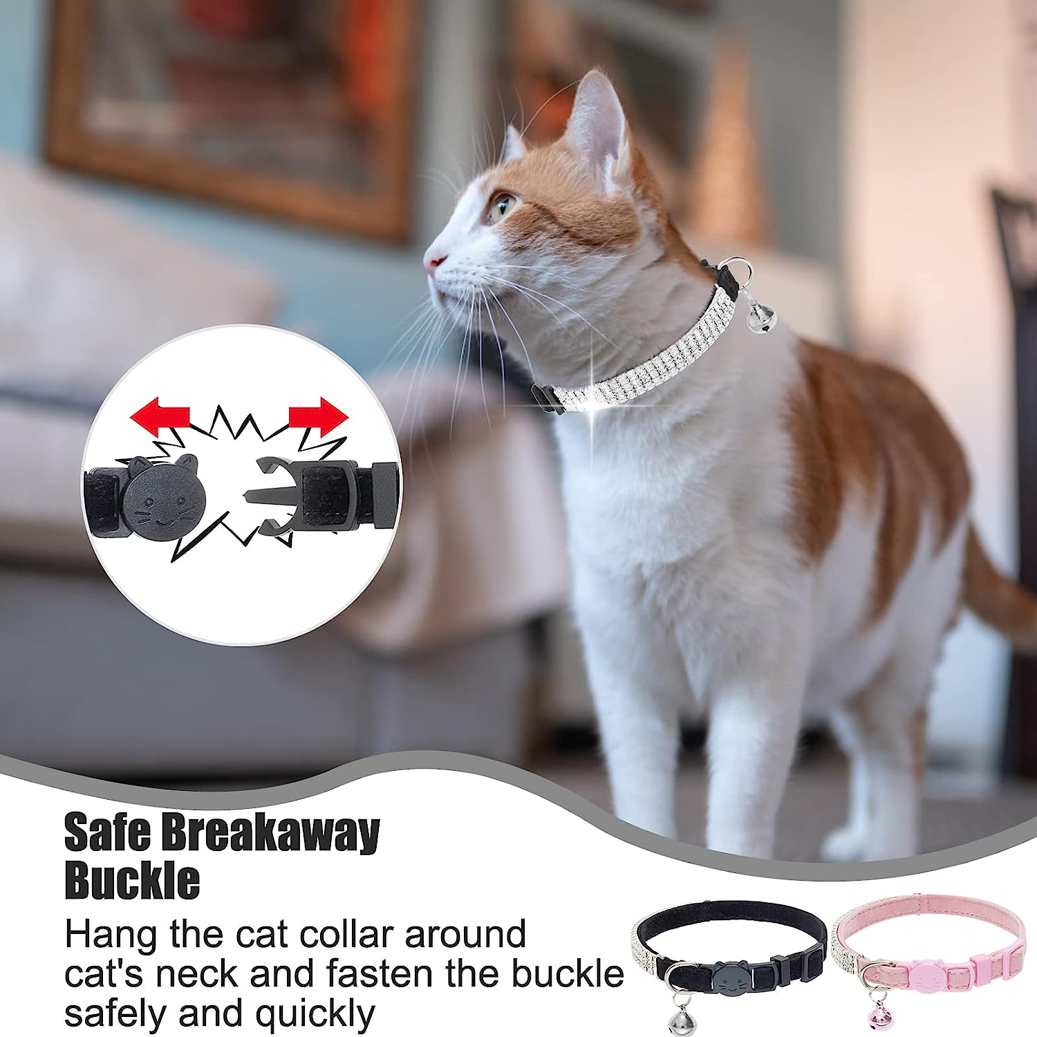 EXPAWLORER Soft Velvet Safe Cat Collars for Girl Cats -2 Pack Rhinestones Bling Diamante Adjustable Collars - Cat Collar Breakaway with Bells for Boy Cats Kitty and Small Dogs image number 2