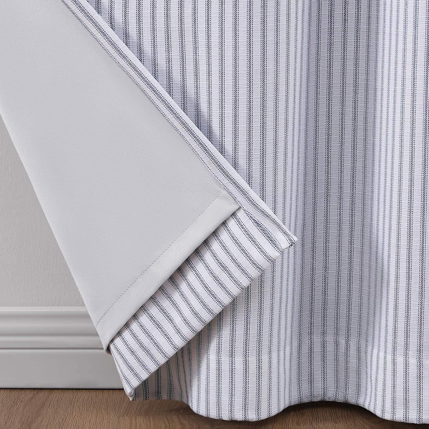 MARTHA STEWART Ticking Stripe Blackout Lining Rod Pocket/Back Tab Window Curtain Panel Pair, 84", White/Indigo