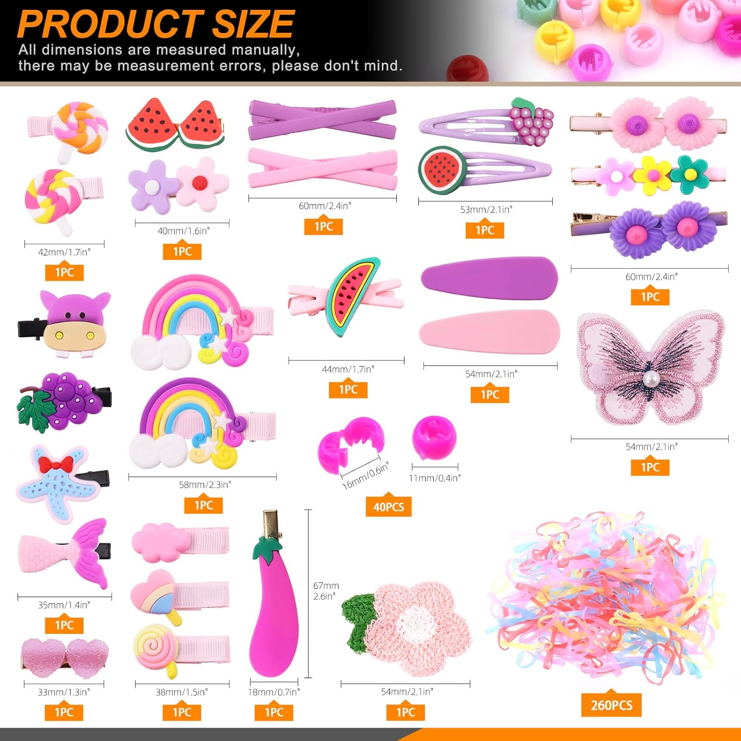 Rustark 68Pcs Baby Girls Hair Clips Cute Hair Barrettes Accessories with 260Pcs Rubber Bands Set Colourful Lovely Rainbows Fruits Dessert Flowers Butterfly Assorted Hair Clips for Girls Toddlers Kids Hair Accessories image number 5