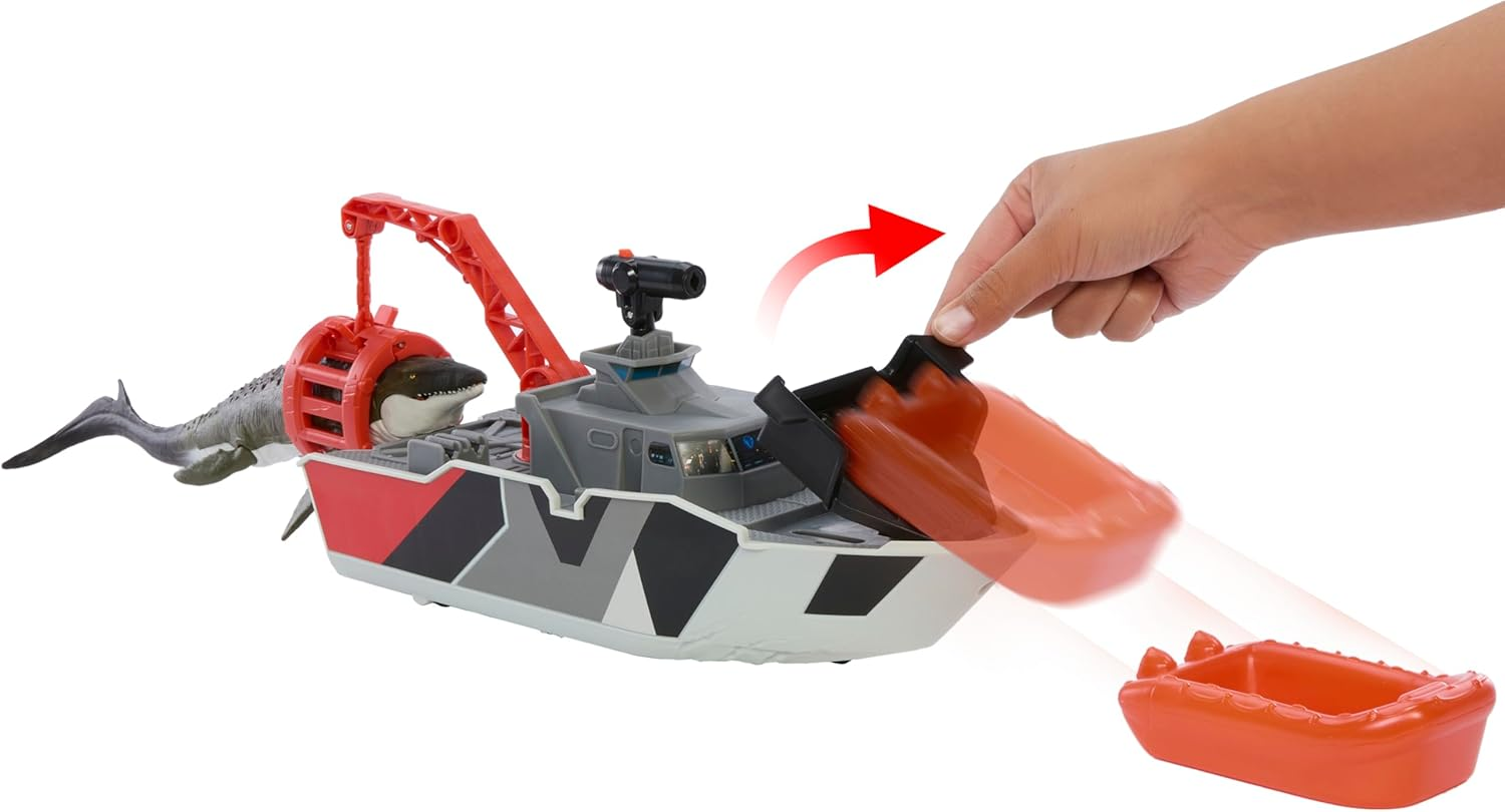 Mattel Matchbox Toy Car Playset, Jurassic World 12.5&rdquo; Dino Boat with 13&rdquo; Mosasaurus Dinosaur, 1:64 Die-Cast Jeep, Harpoon Missiles & Detachable Rescue Boat image number 5