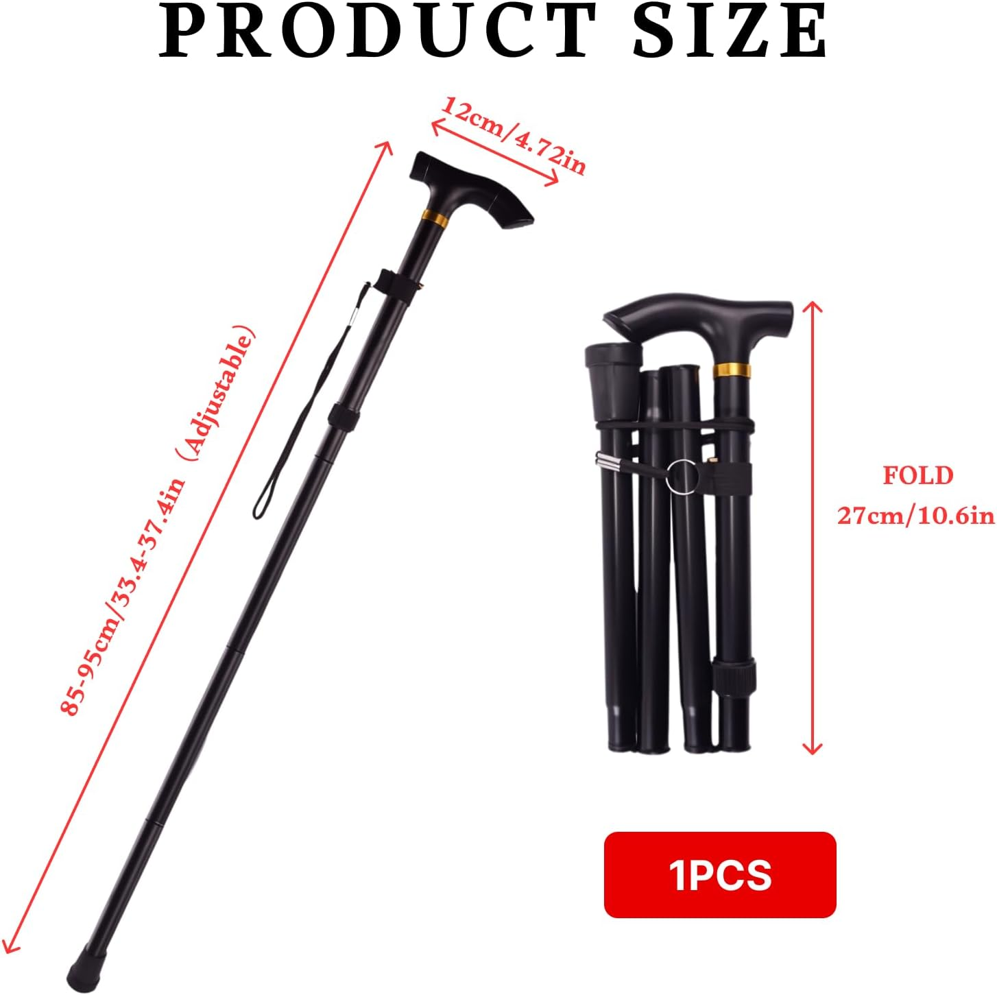 5-Level Folding Walking Cane &ndash; Adjustable 85-95Cm Aluminum Stick with TPR Tip (26Cm Folded, Black) image number 2