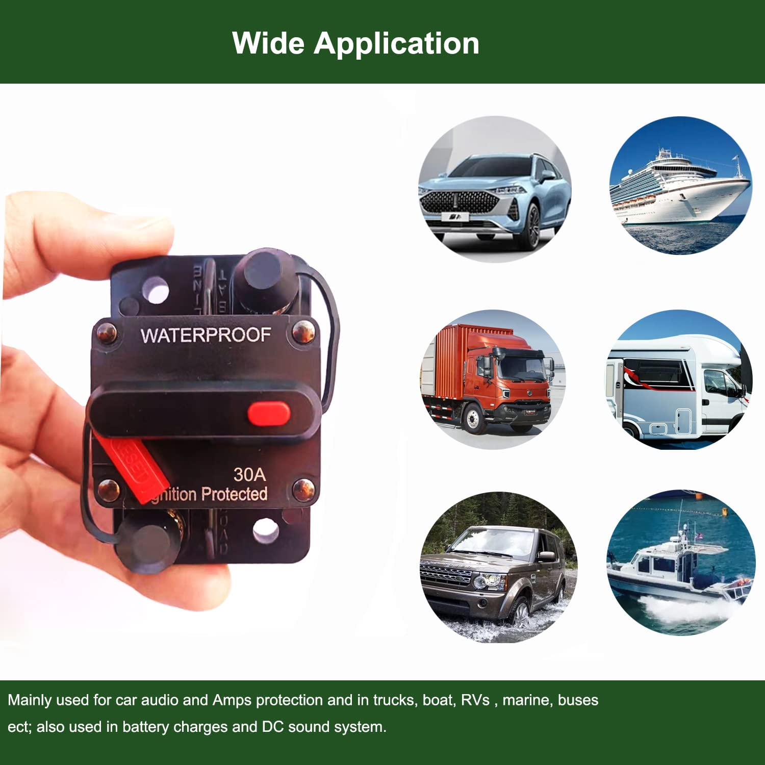 20 Amp Circuit Breaker for Boat Trolling Motor Marine ATV Trailer Vehicles Stereo Audio Electronic Battery Solar System Inline Fuse with Manual Reset Switch Waterproof DC 12V-48V (20A) image number 4