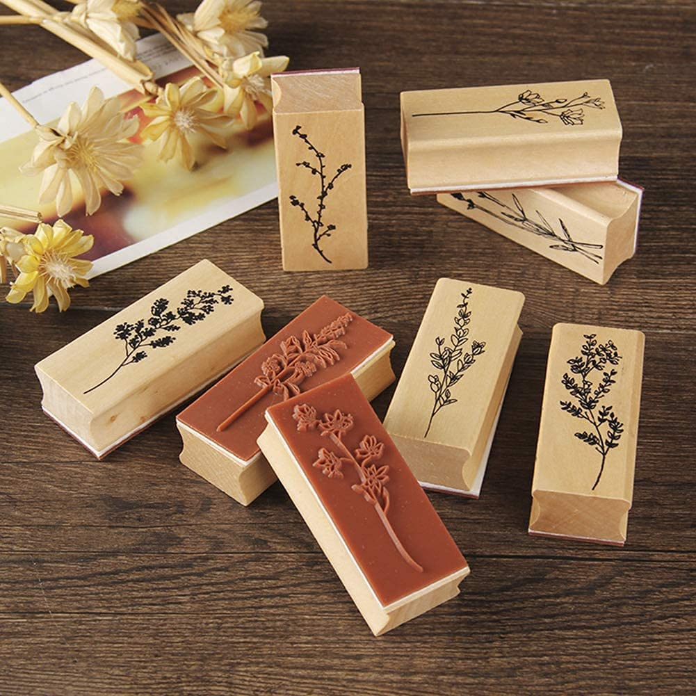 8Pcs Large Size Wood Rubber Stamp DIY Diary Scrapbook Stamp Set Fresh Nature Flower Plants Patterns for Card Making, DIY Crafts, Scrapbooking Supplies image number 2