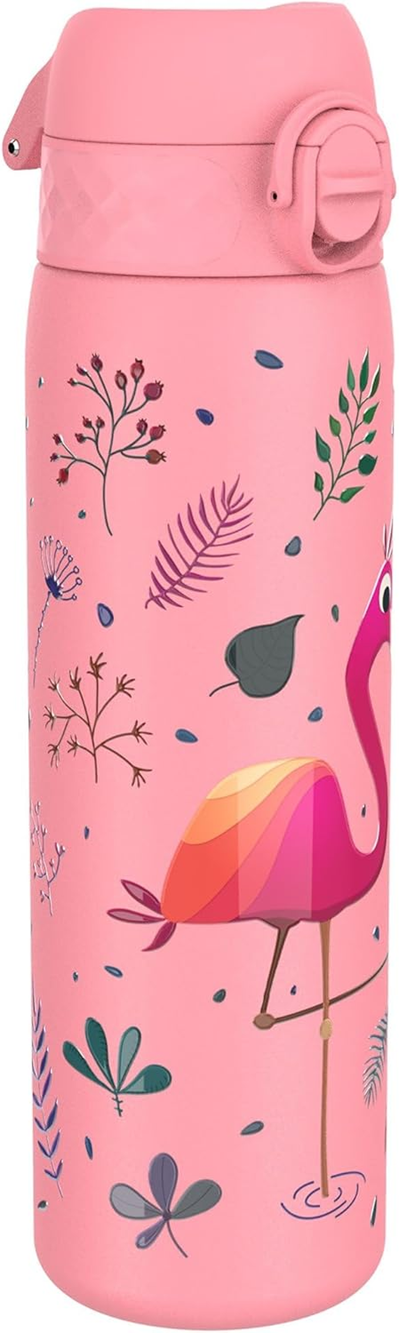 Ion8 Steel Water Bottle, 600 Ml/20 Oz, Leak Proof, Easy to Open, Secure Lock, Dishwasher Safe, Flip Cover, Fits Cup Holders, Carry Handle, Durable, Metal Water Bottle, Raised Print, Flamingo Design image number 3