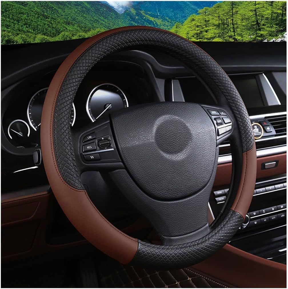 FALVFUN Car Steering Wheel Cover, 15 Inch Elastic Stretch Leather Vehicle Steer Wheel Cover Protector, Anti-Slip Breathable Automotive Interior Protection Accessories, Universal Fit (Black/Orange)