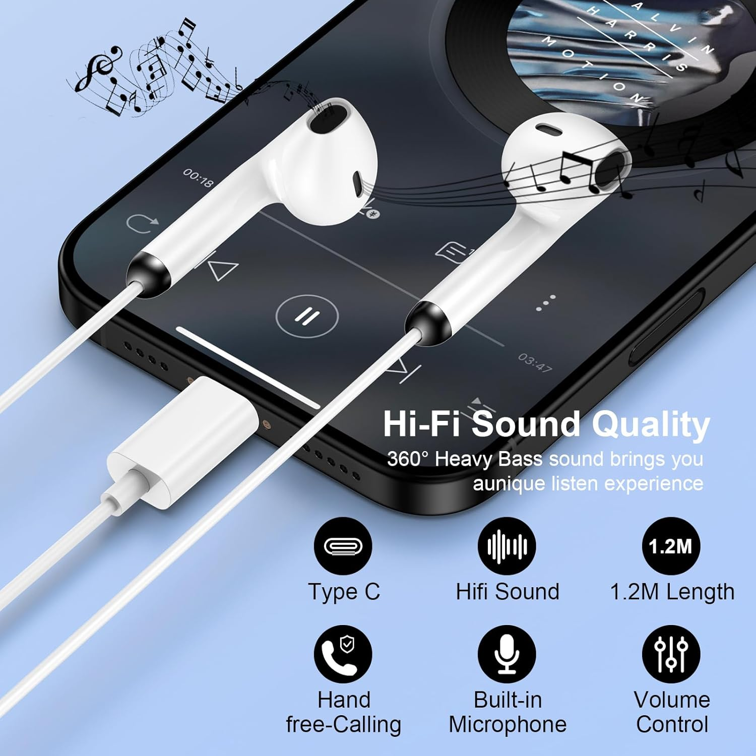 USB C Headphones with Cable for Samsung Galaxy S25 Ultra S24 S23 S22 S21 A17 5G A16 A36 A56 A55, In-Ear Headphones USB C Headset with Microphone Earphones Type C for Iphone 17 Air 16 15 I Pad Pro image number 5